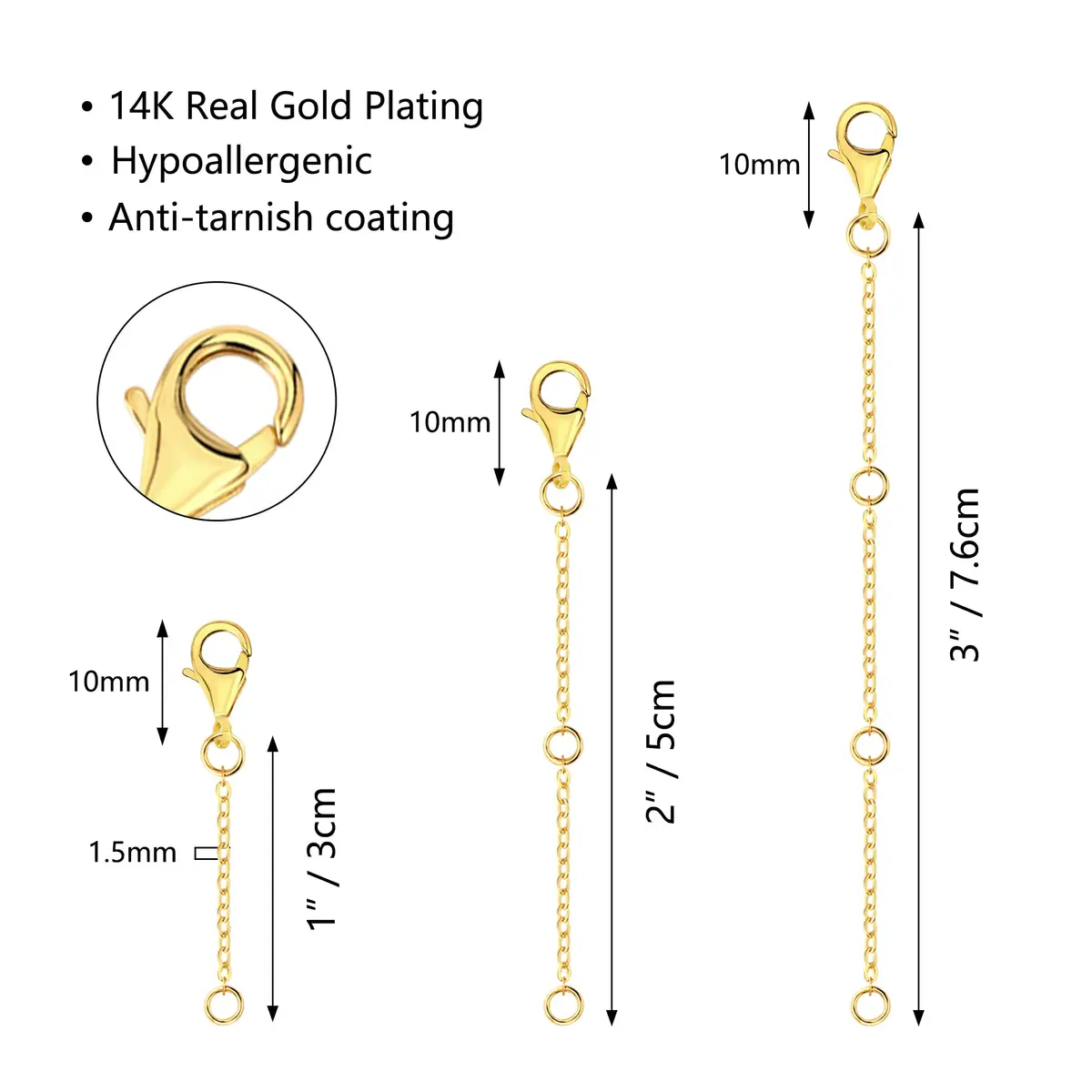 ASH'S CHOICE Gold Necklace Extenders 1.27 cm (0.5 Inch) | 3-Piece Set with Lobster Clasp - view 2