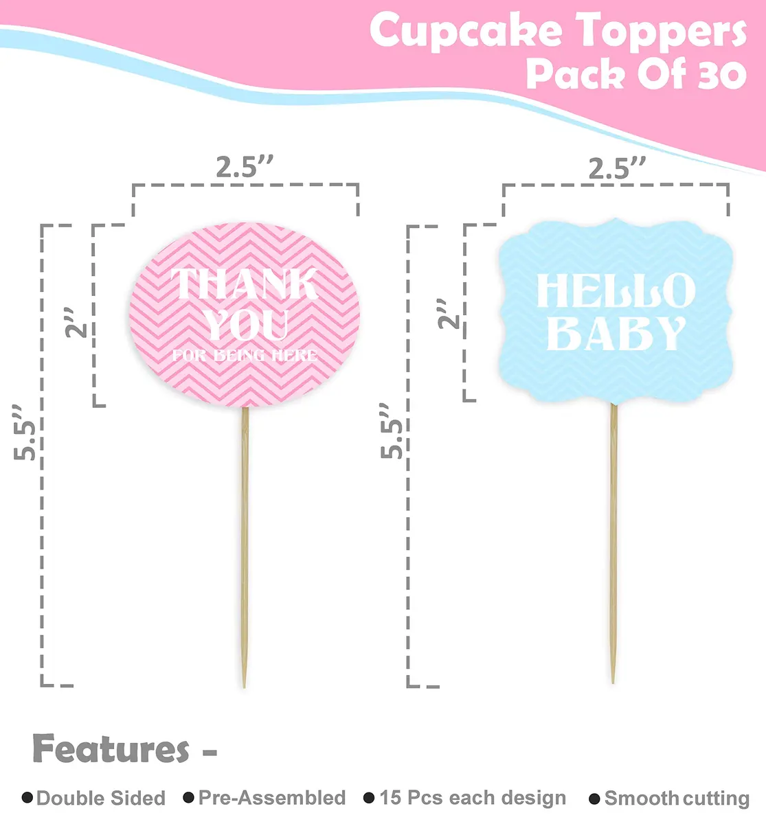 Inkdotpot Gender Reveal Baby Shower Cupcake Toppers (Pack of 30) | Pre-Assembled Double Sided Picks - view 2