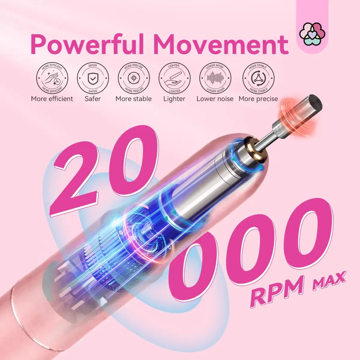 SAVILAND Electric Nail Drill Rose Efile 20,000 RPM | Professional Manicure & Pedicure Tool with 7 Bits & 51 Sanding Bands - view 4