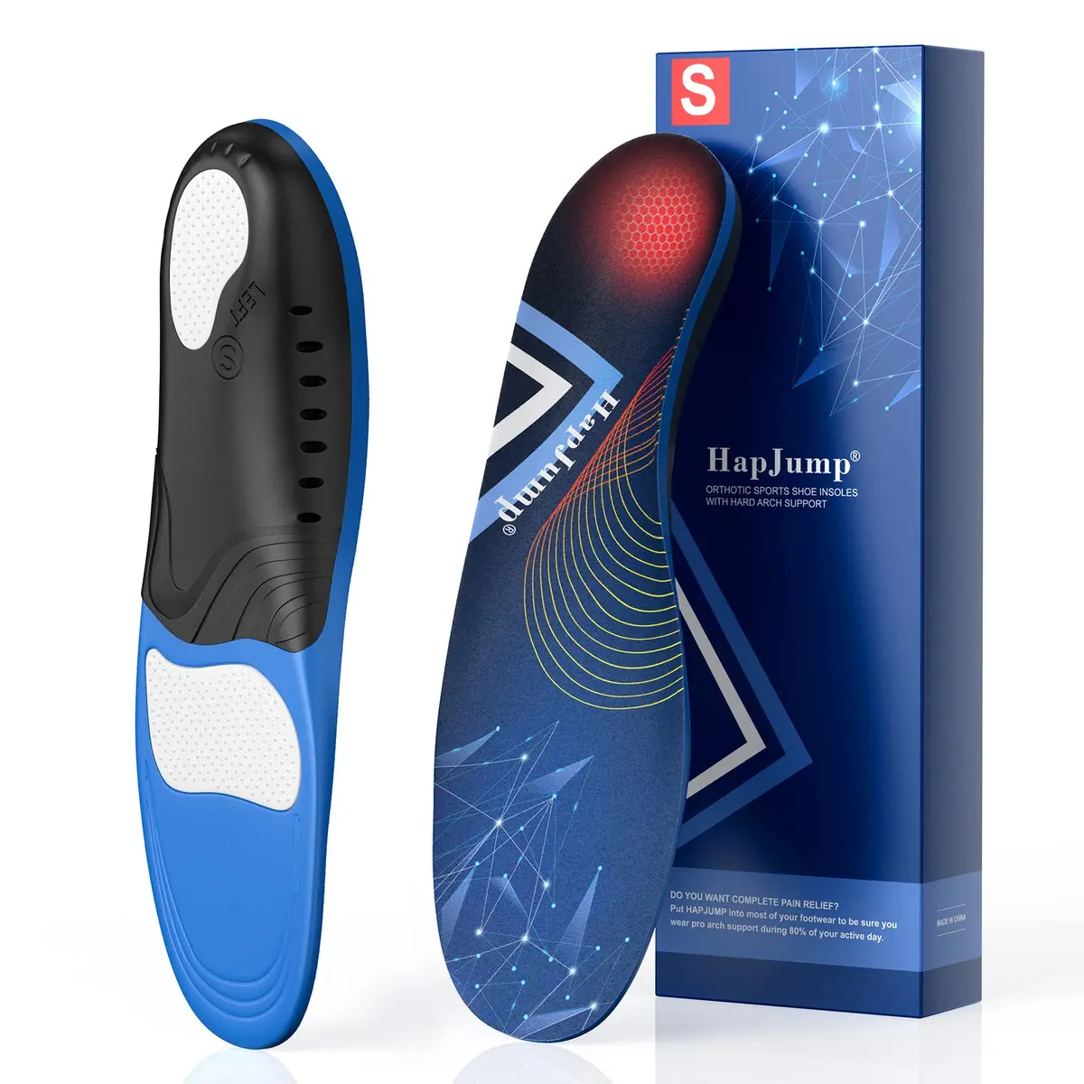 HapJump Plantar Fasciitis Pain Relief Feet Insoles Arch Support with Motion Control | Comfortable for Men & Women, Improve Balance, 1 Pair, S - main product image