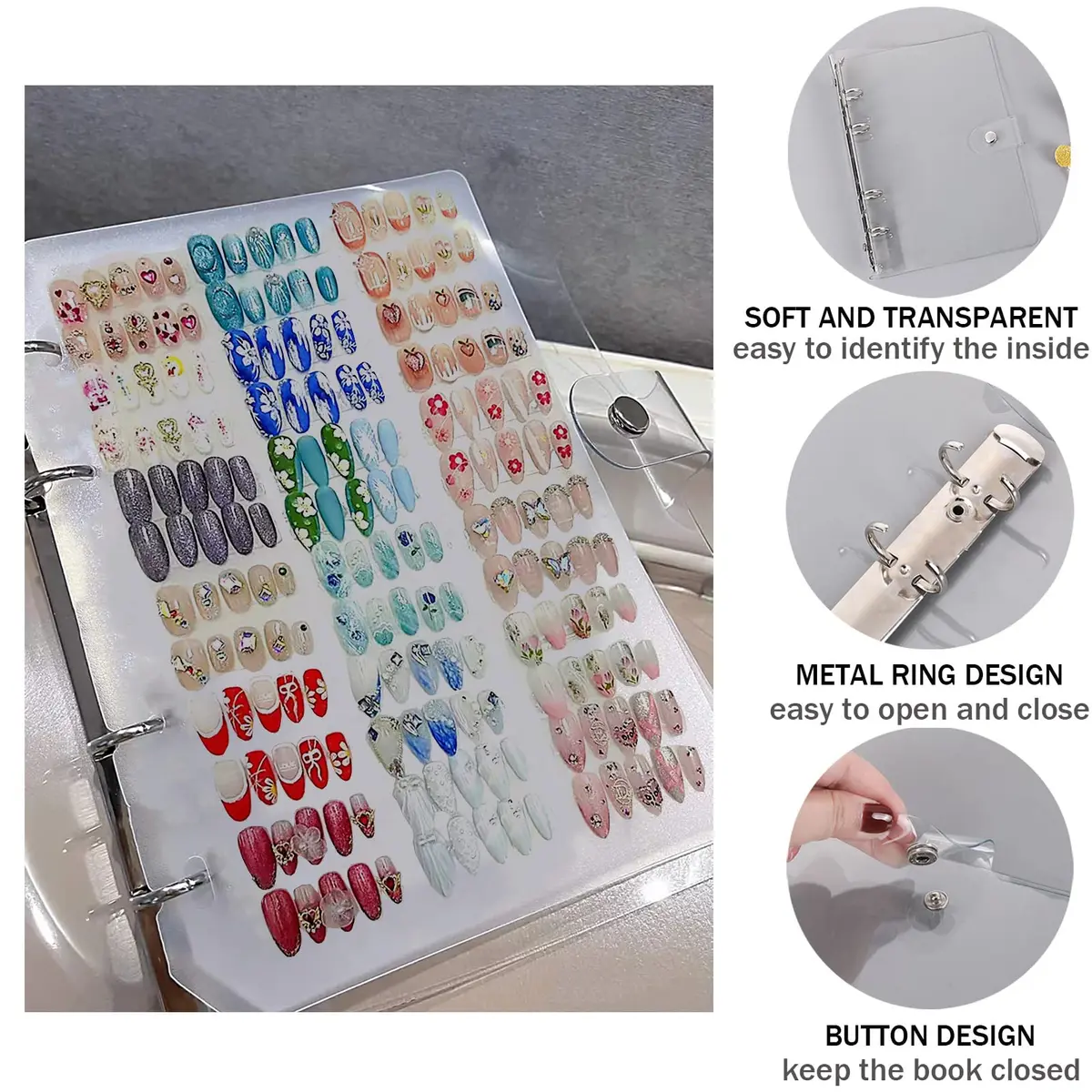 GUXACU Clear Press On Nail Organizer Book with 6 Pages & 60 Adhesive Tabs | Stores 108 Sets - view 3