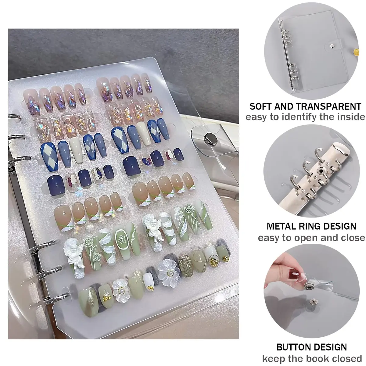 GUXACU Clear Press On Nail Organizer Book with 6 Pages & 60 Adhesive Strips | Stores 36-48 Sets - view 3