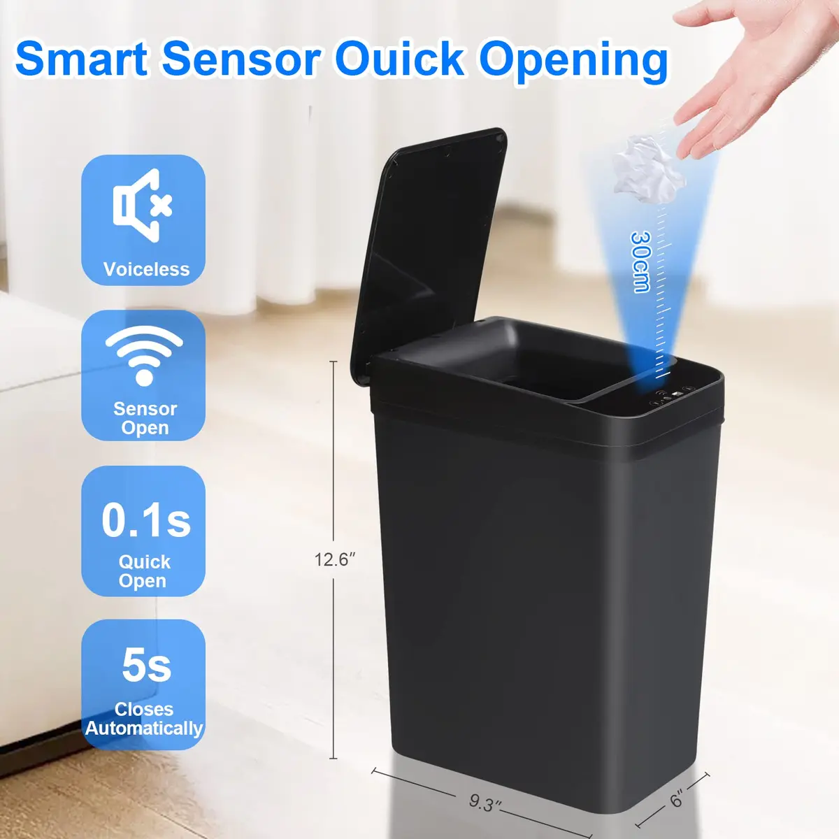 Anborry Touchless Trash Can 2.2 Gallon (8.3L) Smart Motion Sensor Small Garbage Bin with Lid, Black | Waterproof Sensor for Bathroom, Kitchen, Office - view 4