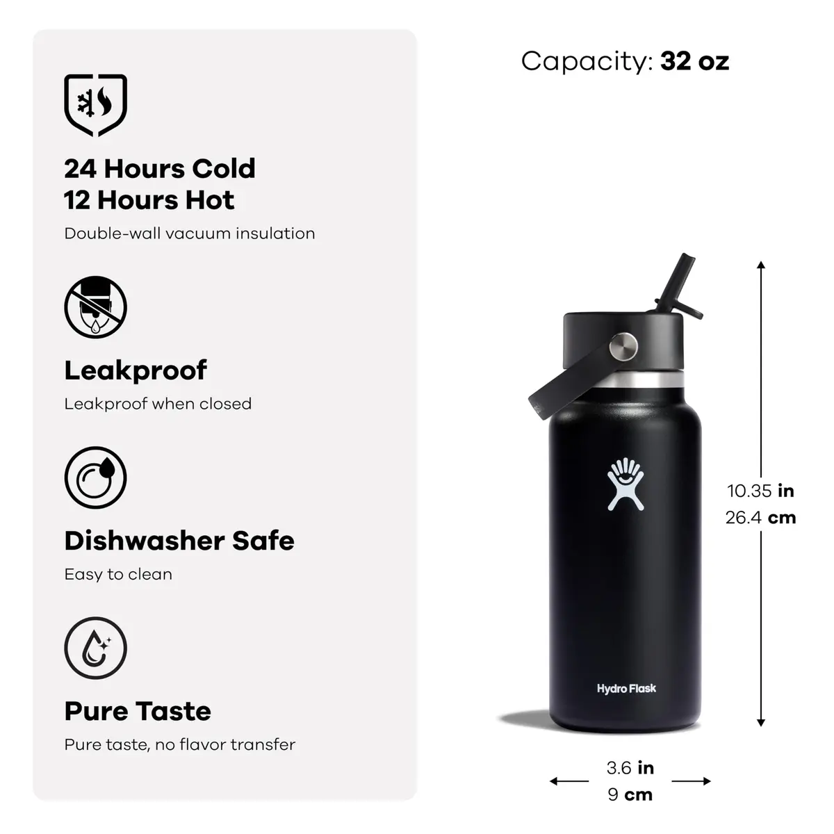 Hydro Flask Wide Mouth Water Bottle 32 Oz (946ml) with Flex Straw Lid | Insulated Stainless Steel for Cold Drinks - view 5