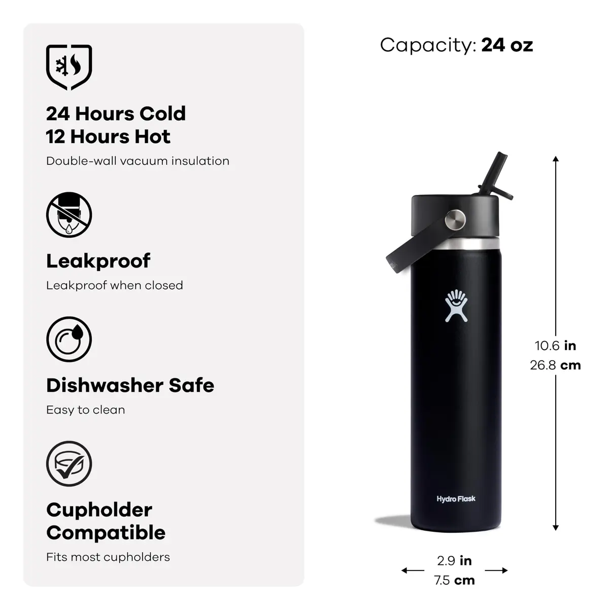 Hydro Flask Wide Mouth Water Bottle 24 Oz (710ml) with Flex Straw Lid | Keeps Drinks Cold for 24 Hours - view 5