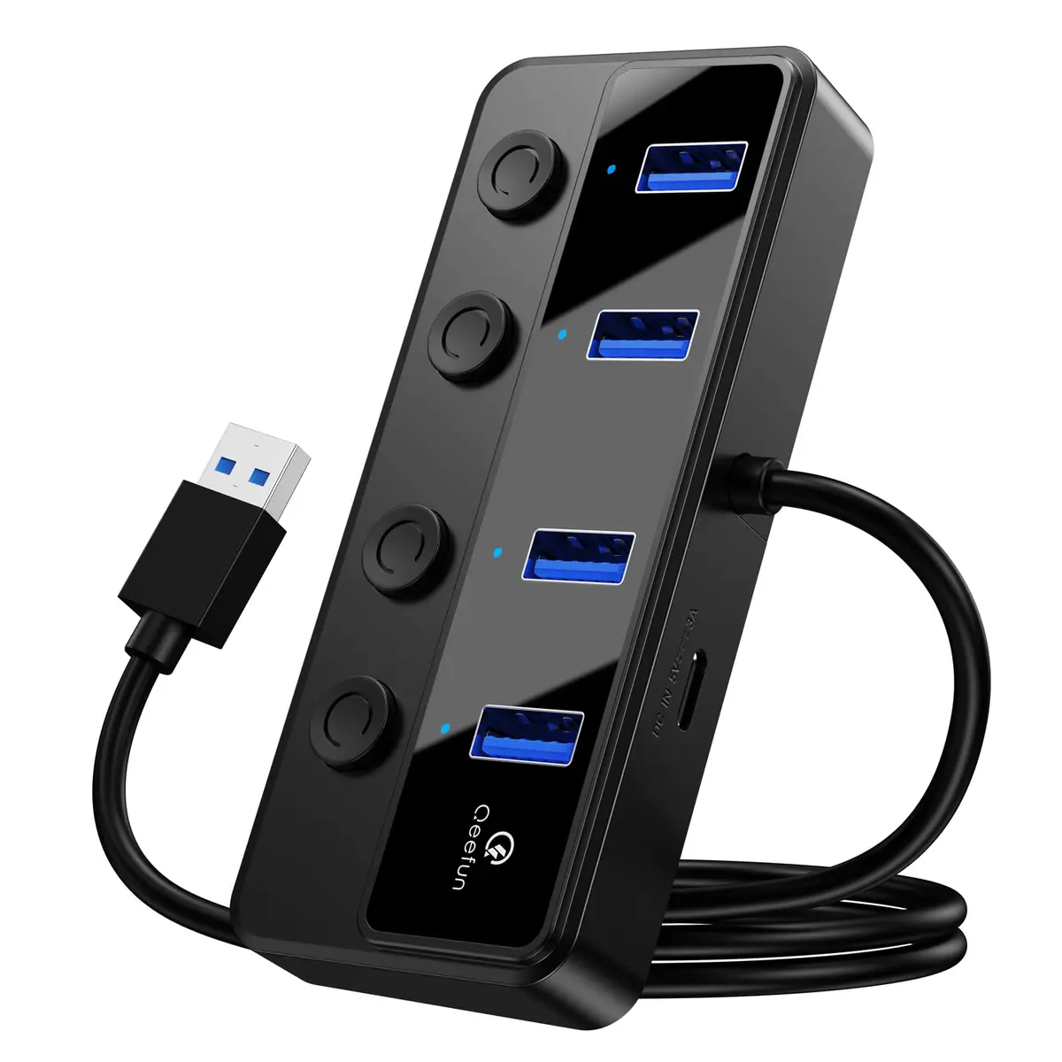 Q QEEFUN 4-Port USB 3.0 Hub with Individual LED Power Switches & 2ft Cable | 5Gbps Data Transfer - main product image