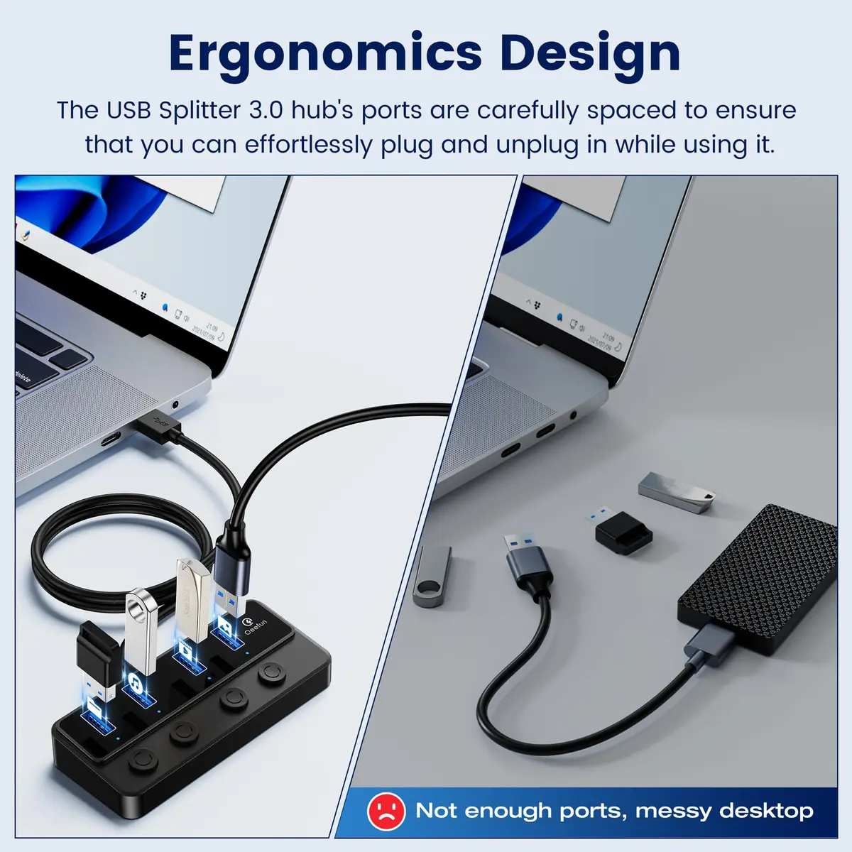 Q QEEFUN 4-Port USB 3.0 Hub with Individual LED Power Switches & 2ft Cable | 5Gbps Data Transfer - view 5