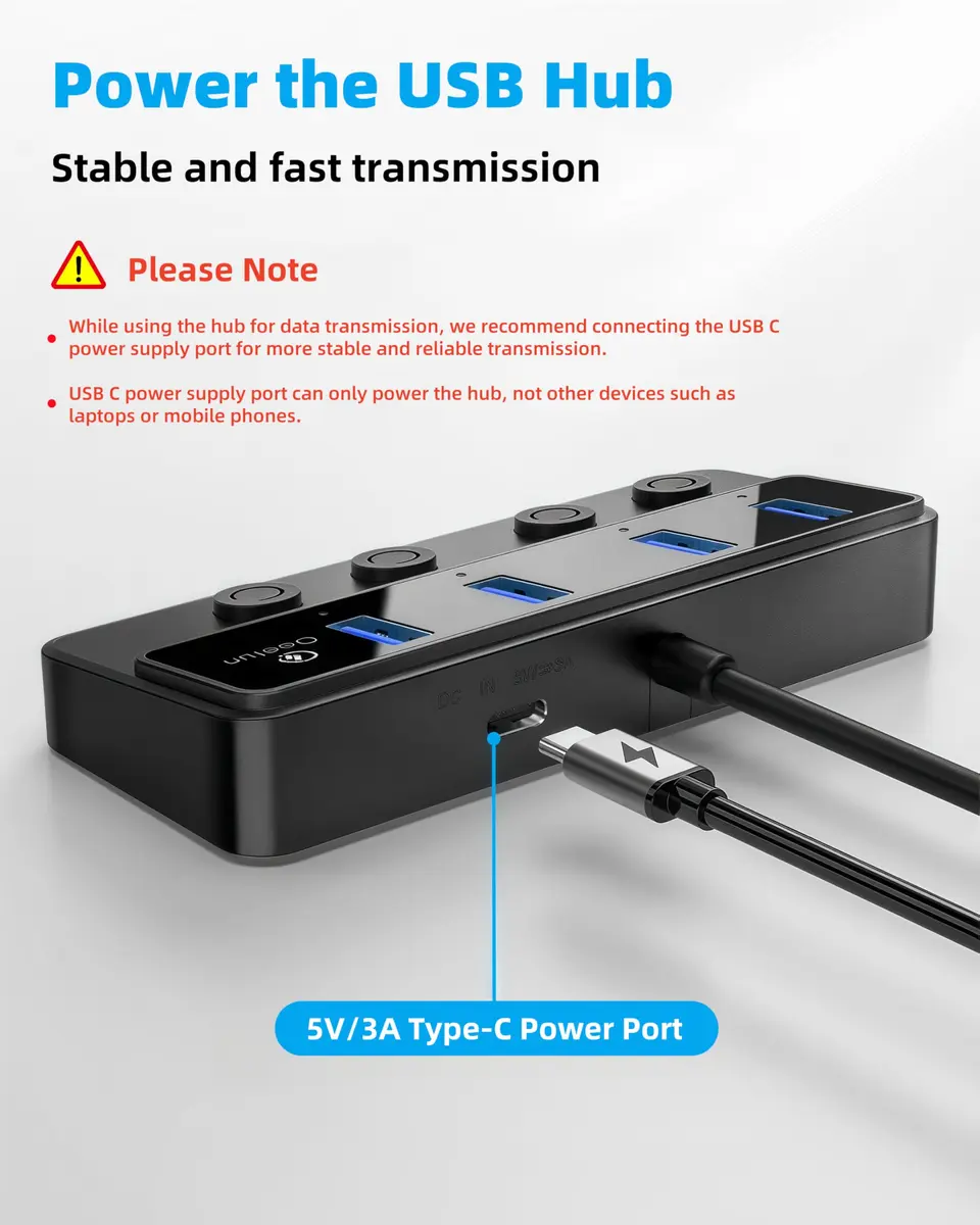 Q QEEFUN 4-Port USB 3.0 Hub with Individual LED Power Switches & 2ft Cable | 5Gbps Data Transfer - view 6
