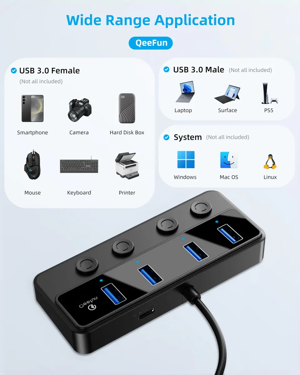 Q QEEFUN 4-Port USB 3.0 Hub with Individual LED Power Switches & 2ft Cable | 5Gbps Data Transfer - view 7