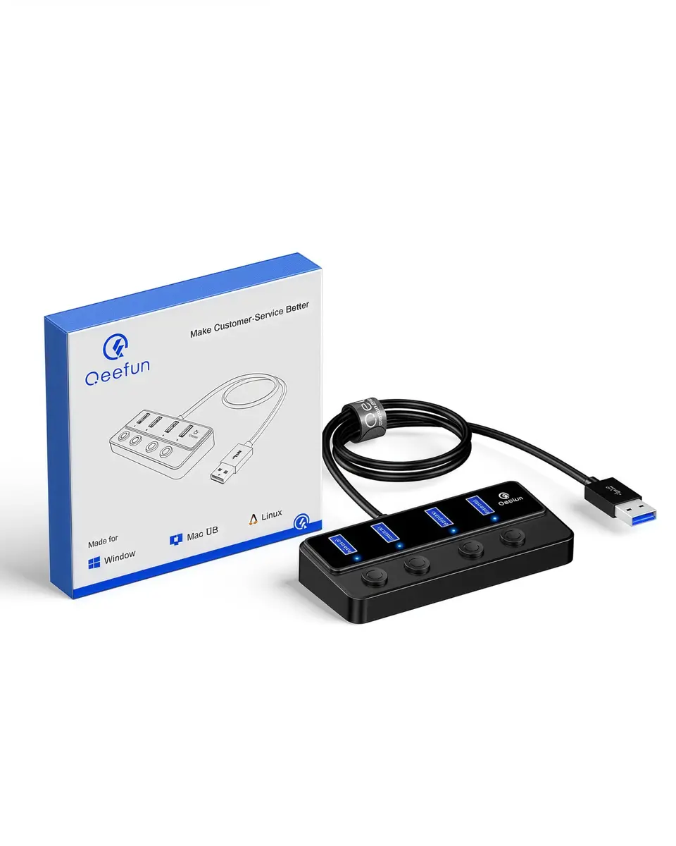 Q QEEFUN 4-Port USB 3.0 Hub with Individual LED Power Switches & 2ft Cable | 5Gbps Data Transfer - view 9
