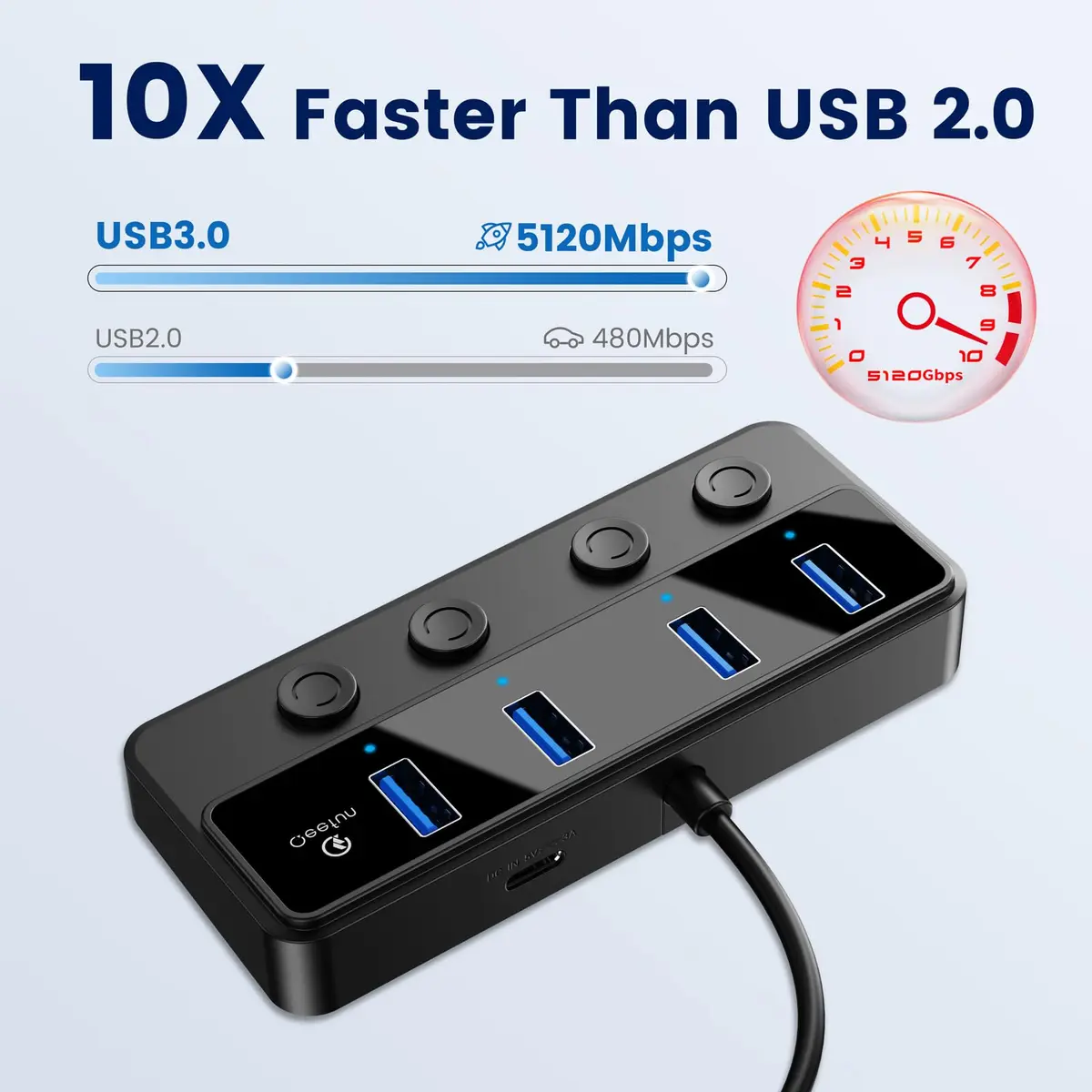 Q QEEFUN 4-Port USB 3.0 Hub with Individual LED Power Switches & 2ft Cable | 5Gbps Data Transfer - view 2