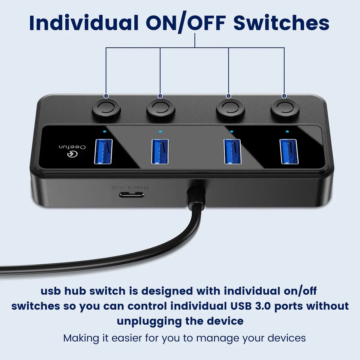 Q QEEFUN 4-Port USB 3.0 Hub with Individual LED Power Switches & 2ft Cable | 5Gbps Data Transfer - view 3