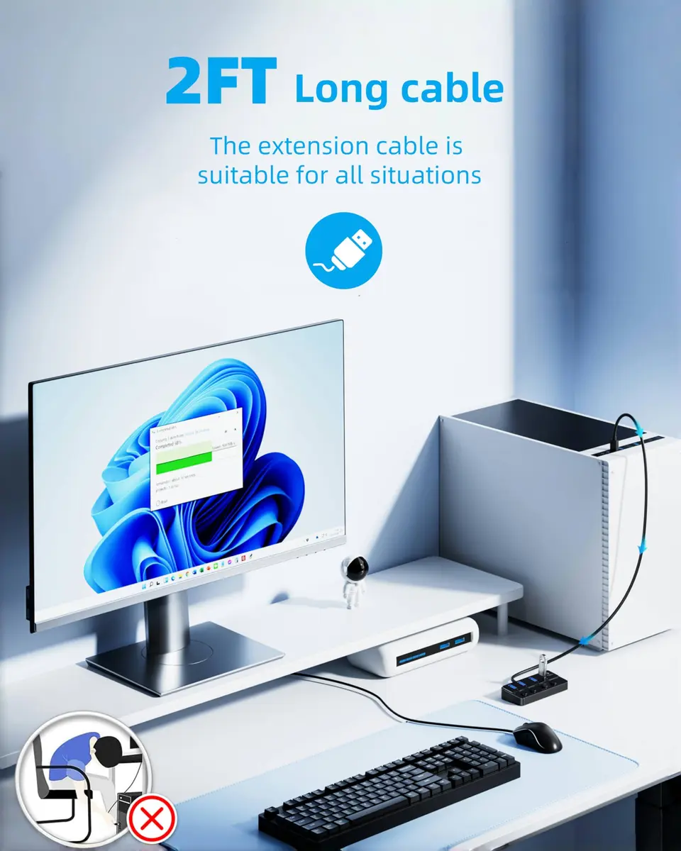 Q QEEFUN 4-Port USB 3.0 Hub with Individual LED Power Switches & 2ft Cable | 5Gbps Data Transfer - view 4
