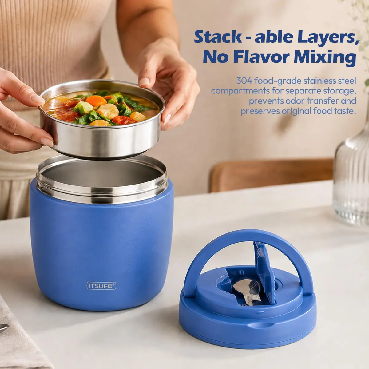 Itslife 32oz Insulated Soup Thermo Vacuum Stainless Steel Food Jar for Hot & Cold Food with Spoon (Blue) - view 6