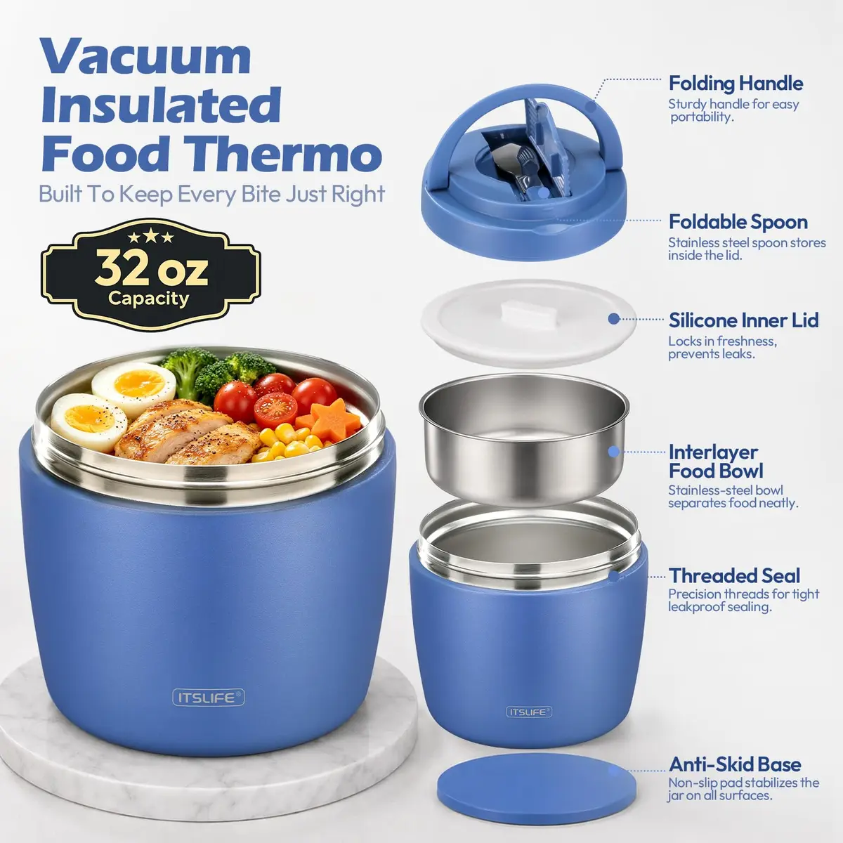 Itslife 32oz Insulated Soup Thermo Vacuum Stainless Steel Food Jar for Hot & Cold Food with Spoon (Blue) - view 2