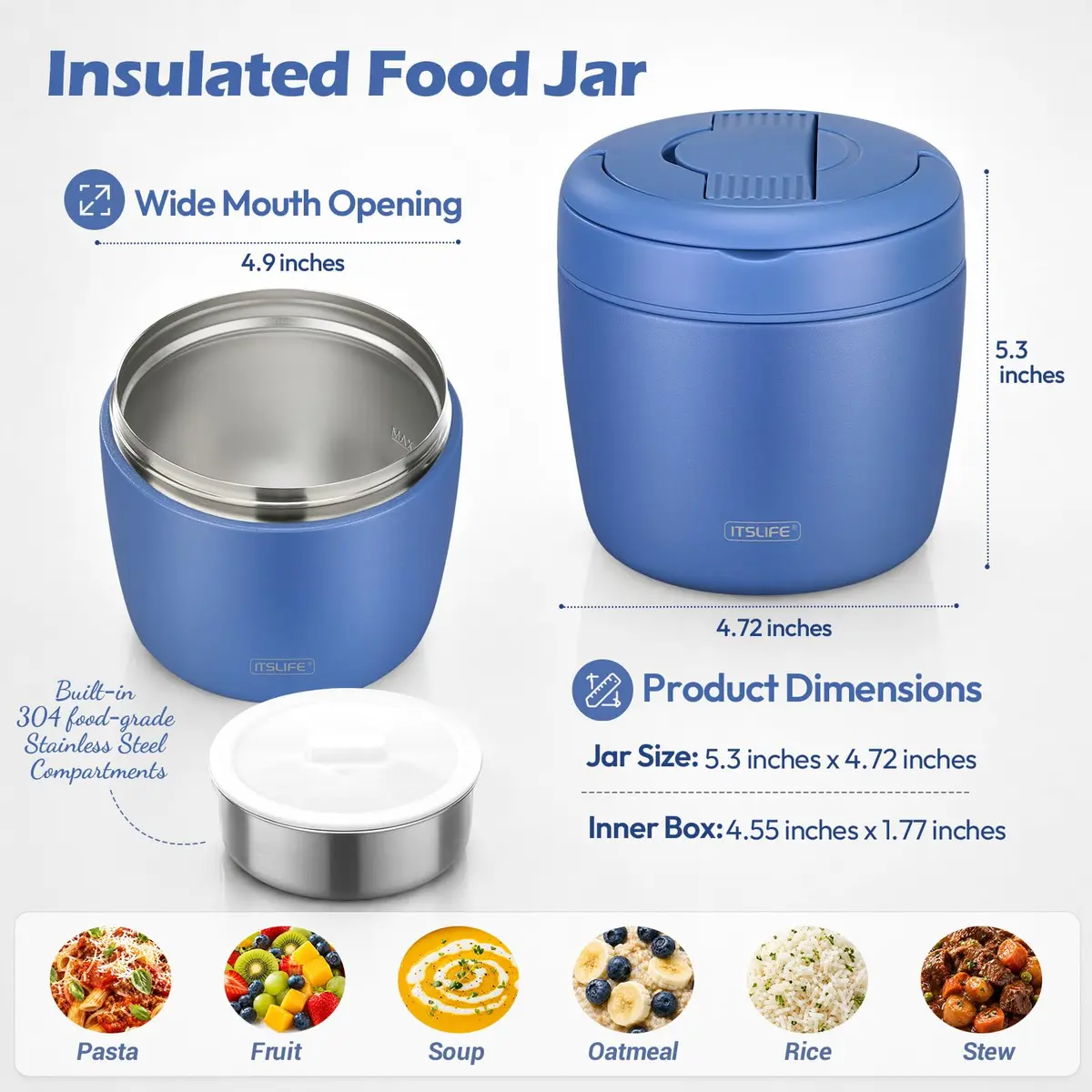 Itslife 32oz Insulated Soup Thermo Vacuum Stainless Steel Food Jar for Hot & Cold Food with Spoon (Blue) - view 3