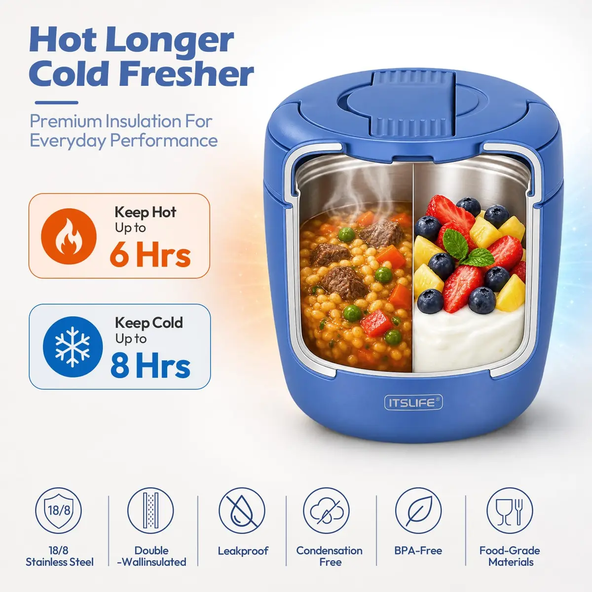 Itslife 32oz Insulated Soup Thermo Vacuum Stainless Steel Food Jar for Hot & Cold Food with Spoon (Blue) - view 4