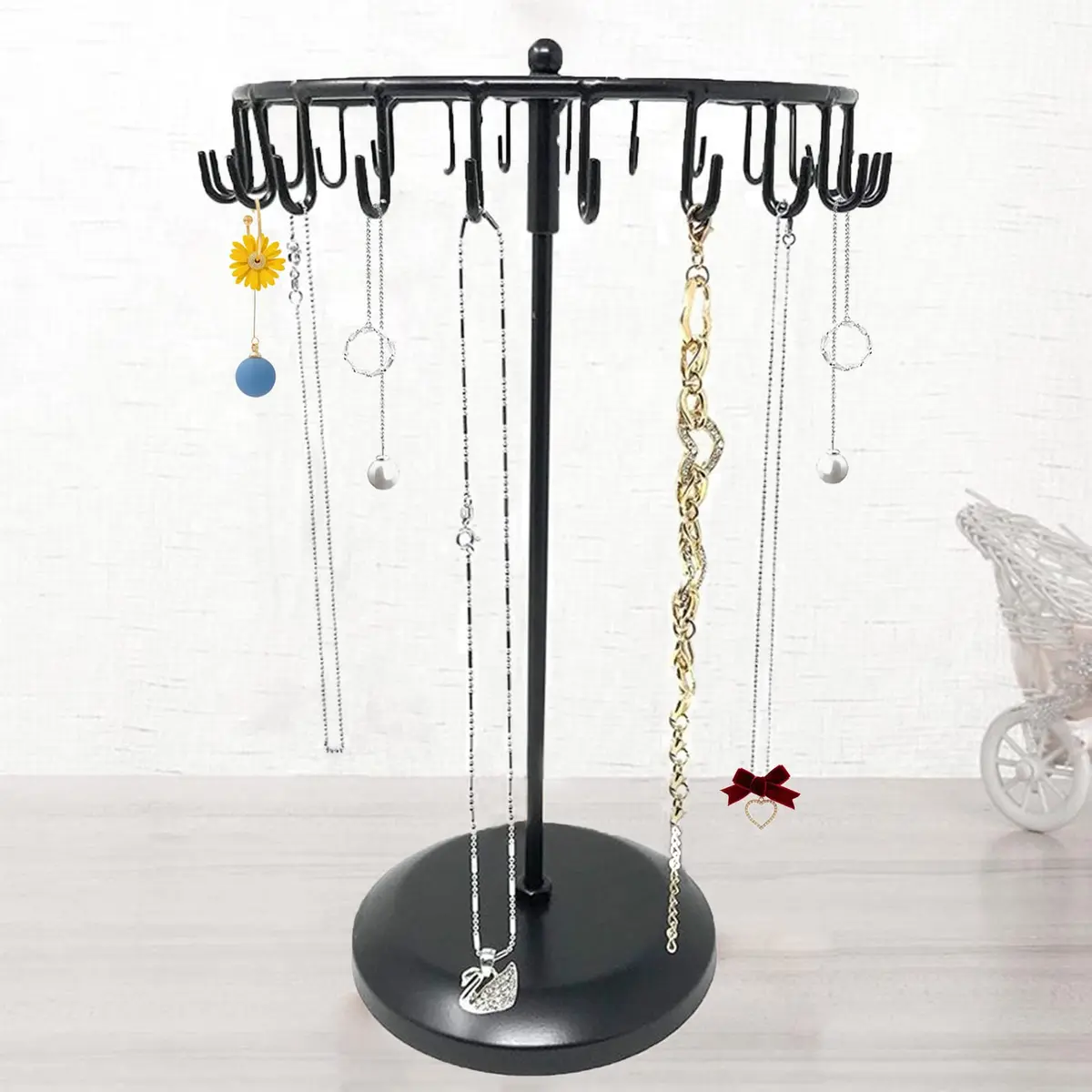 Qaeoity Jewelry Organizer Stand 14-Inch Silver | Rotating Necklace Holder with 23 Hooks - view 6