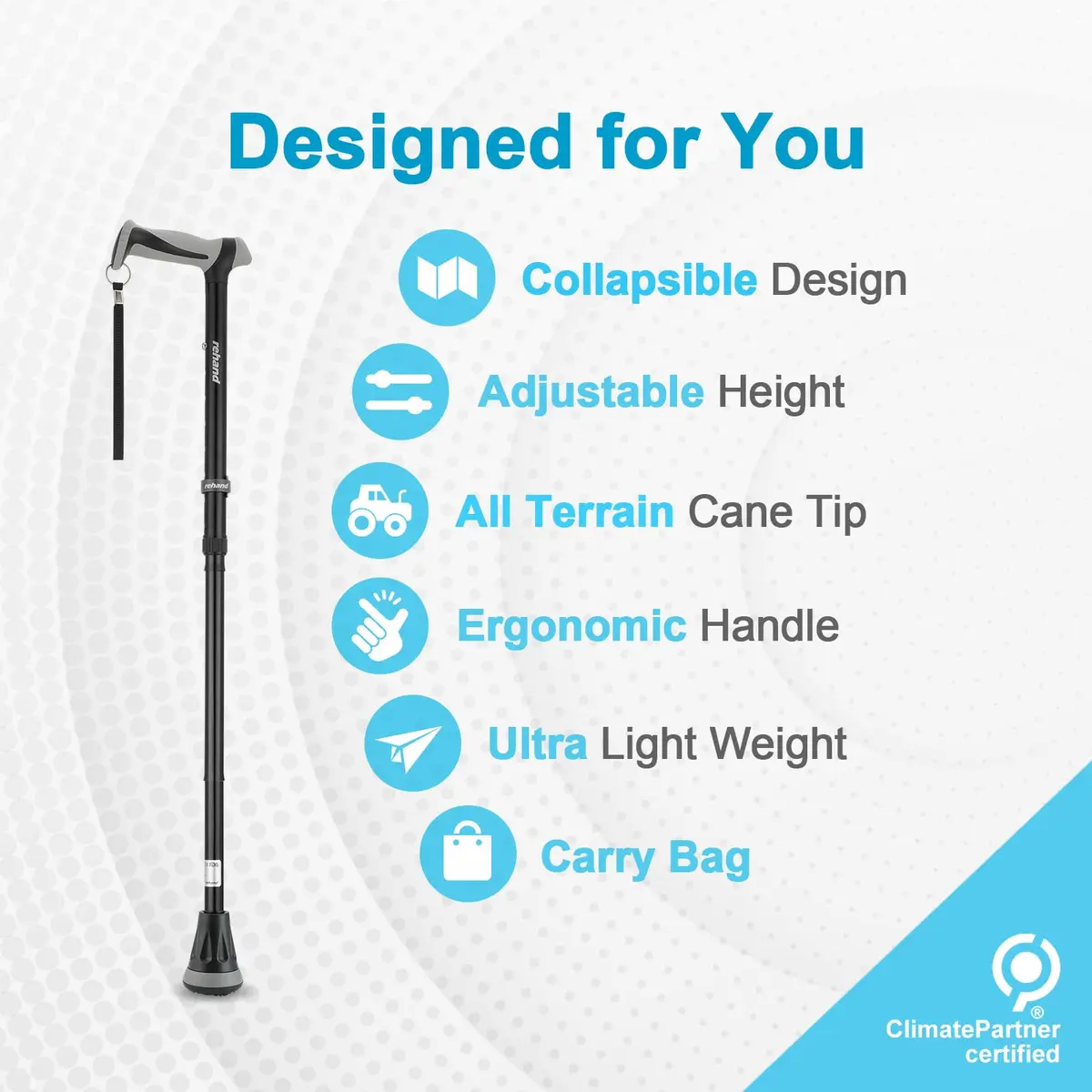 rehand Walking Cane - Foldable, Adjustable, Collapsible | Heavy Duty All Terrain Tip, with Travel Bag (Natural Black, 34"-38") - view 2
