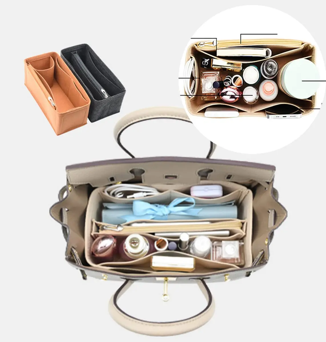 Lckaey Premium Felt Purse Organizer Insert for Birkin 30 Bag, Camel M | 26.9cm (10.6in) Organizer with Zip Pocket - view 4
