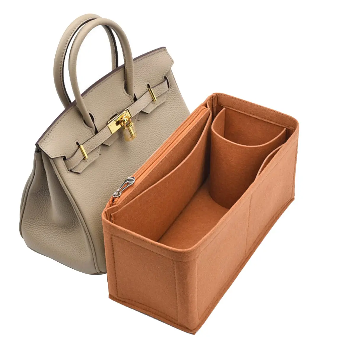 Lckaey Premium Felt Purse Organizer Insert for Birkin 30 Bag, Camel M | 26.9cm (10.6in) Organizer with Zip Pocket - main product image