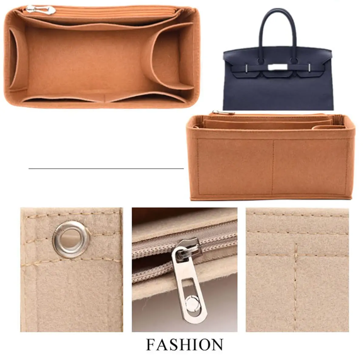 Lckaey Premium Felt Purse Organizer Insert for Birkin 30 Bag, Camel M | 26.9cm (10.6in) Organizer with Zip Pocket - view 2