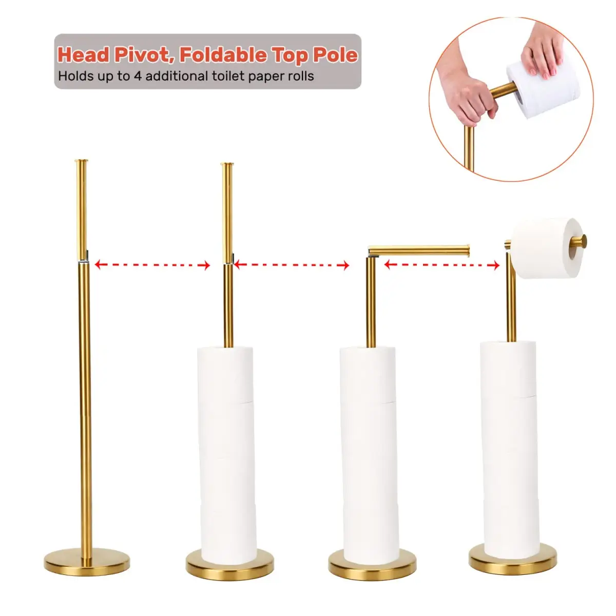 WAYDELI Freestanding Toilet Paper Holder Stand with Reserve for 4 Rolls | Stainless Steel Base, Gold - view 6