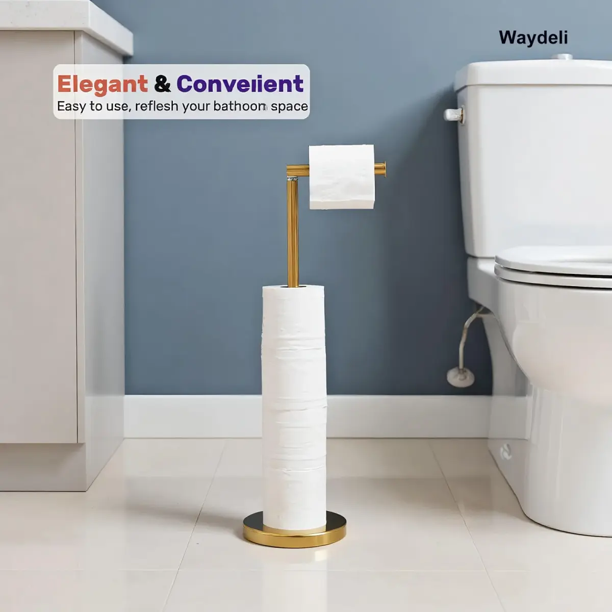 WAYDELI Freestanding Toilet Paper Holder Stand with Reserve for 4 Rolls | Stainless Steel Base, Gold - view 2