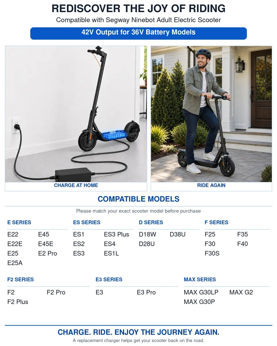 vhbw 42V 2A Electric Scooter Charger | 84W 9.8ft Cable for Segway Ninebot 36V Models - view 3