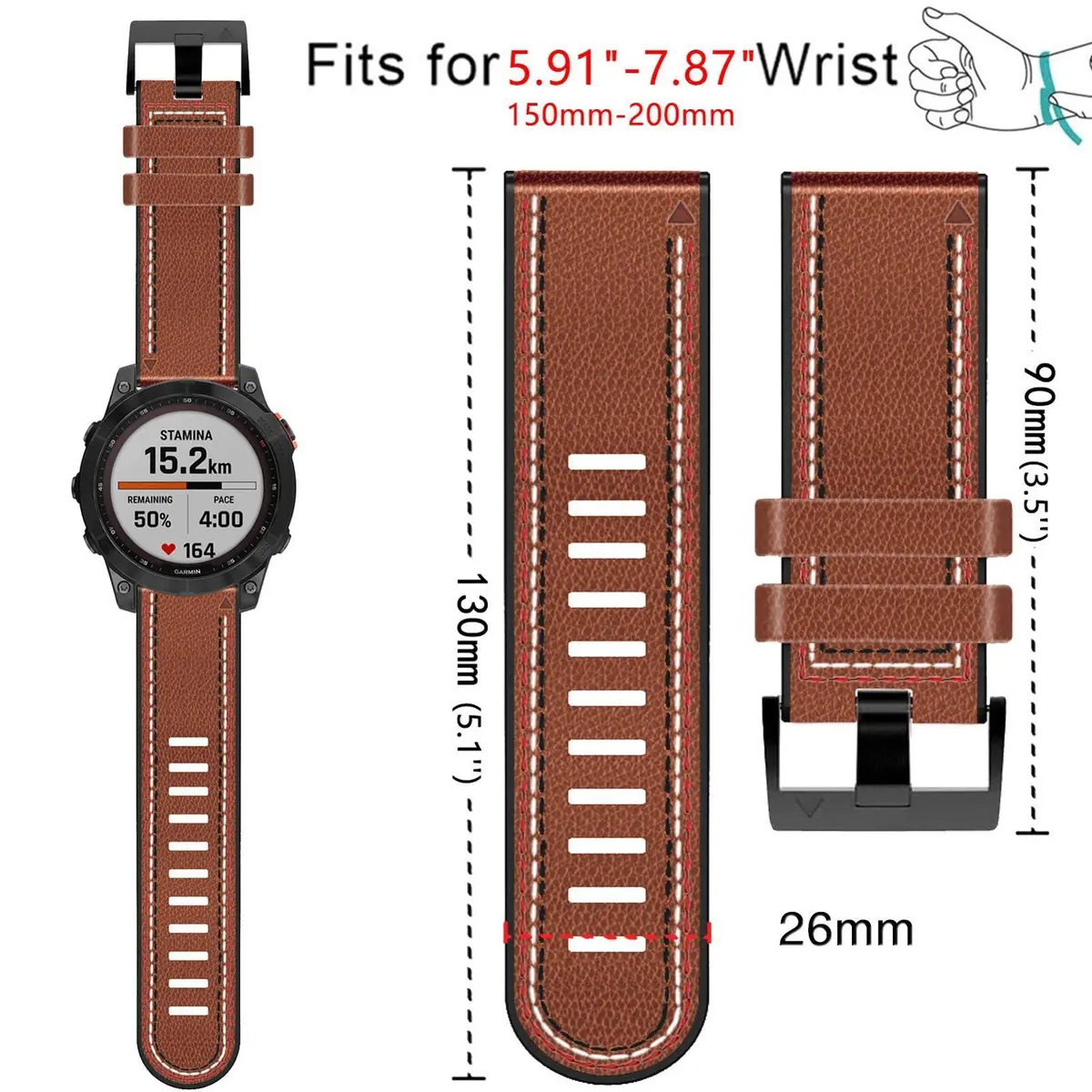 Abanen Quick Fit 26mm Watch Band for Garmin Fenix 7X/6X/5X, Enduro, Tactix Delta, Brown Fiber Leather with Silicone Lining (150mm-200mm Wrist) - view 5