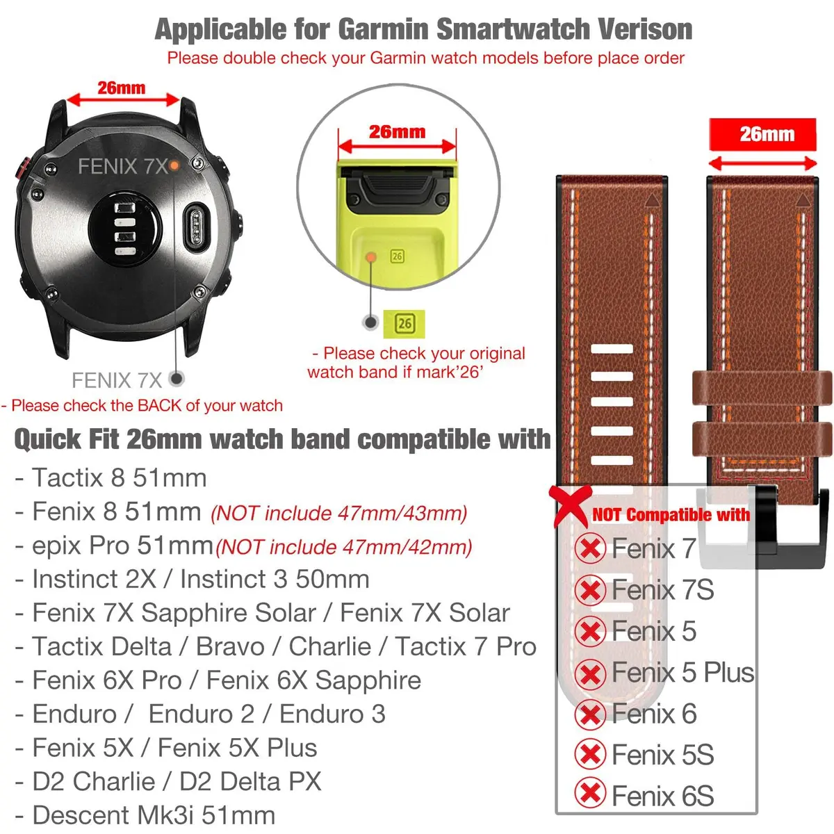 Abanen Quick Fit 26mm Watch Band for Garmin Fenix 7X/6X/5X, Enduro, Tactix Delta, Brown Fiber Leather with Silicone Lining (150mm-200mm Wrist) - view 3