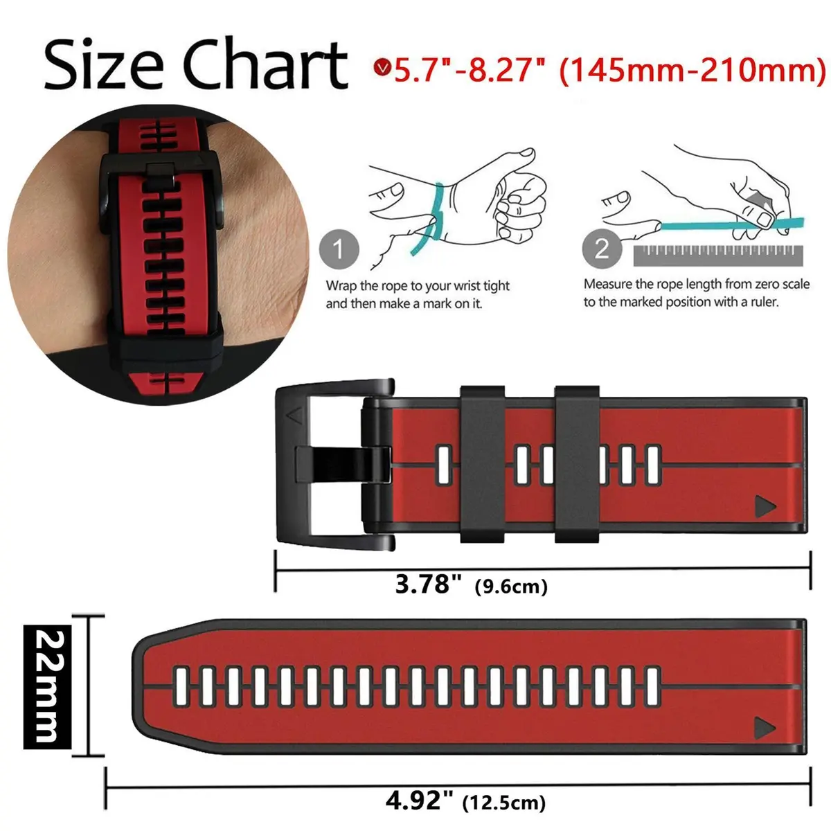 Abanen 22mm Silicone Watch Band for Garmin Fenix 7/6/5, Forerunner 955/945, Instinct 2/Solar, Red-Black | Quick Fit Sport Strap - view 4
