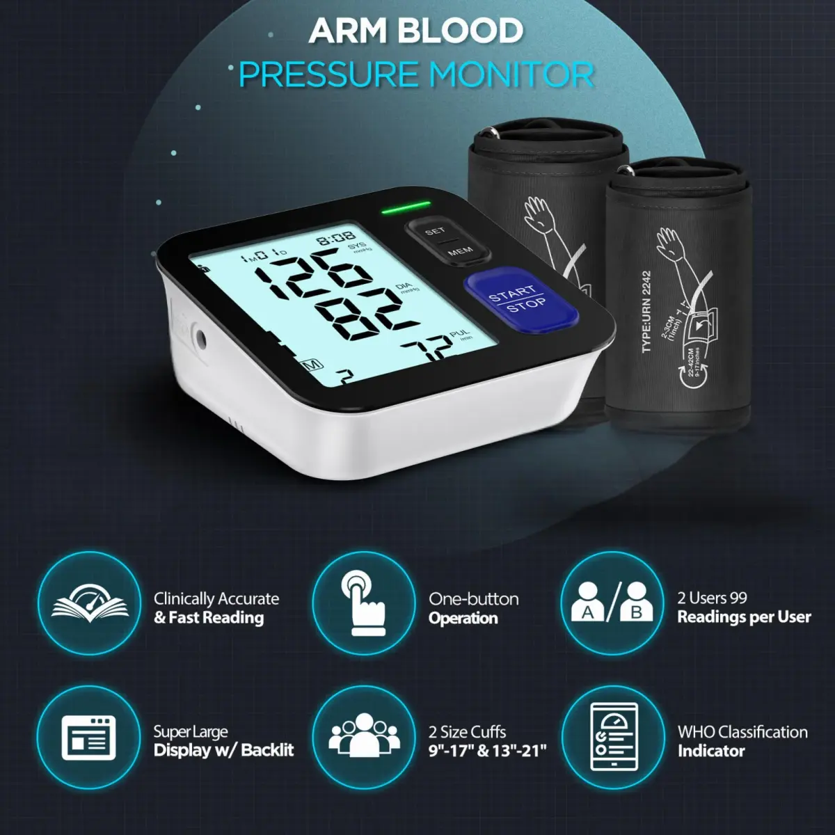 AQESO Automatic Blood Pressure Monitor with 2 Cuffs (9"-21") | Clinically Accurate Readings - view 2