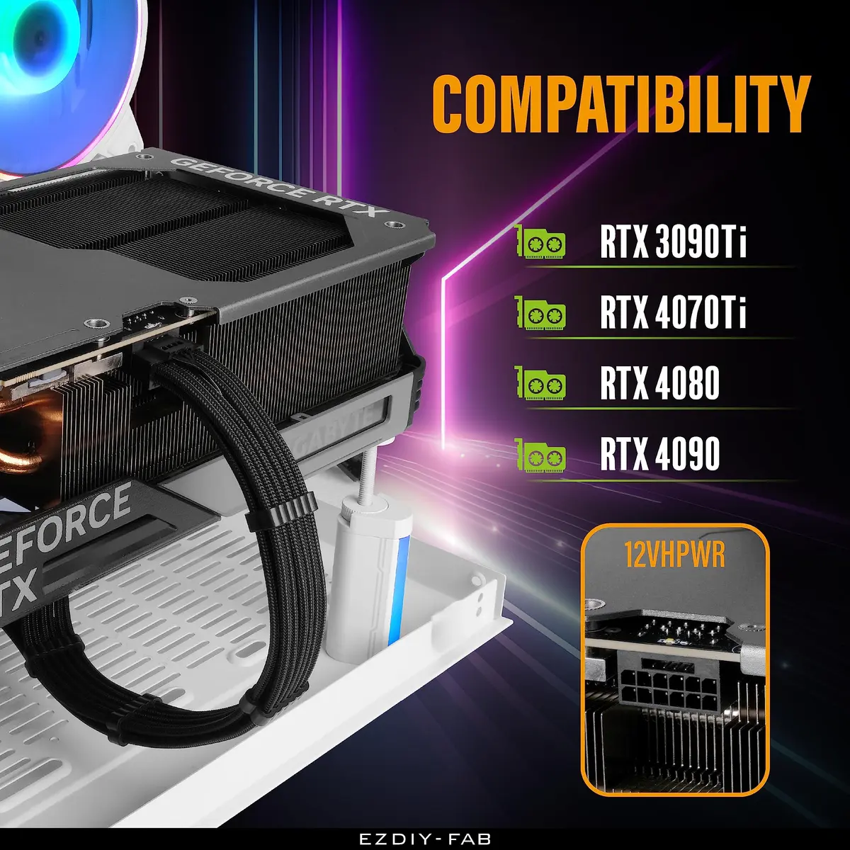 EZDIY-FAB 16pin (12+4) 12VHPWR PCIe 5.0 GPU Power Sleeved Cable Extension | Compatible with RTX 4080, 4090, 5070, 5080 - view 6