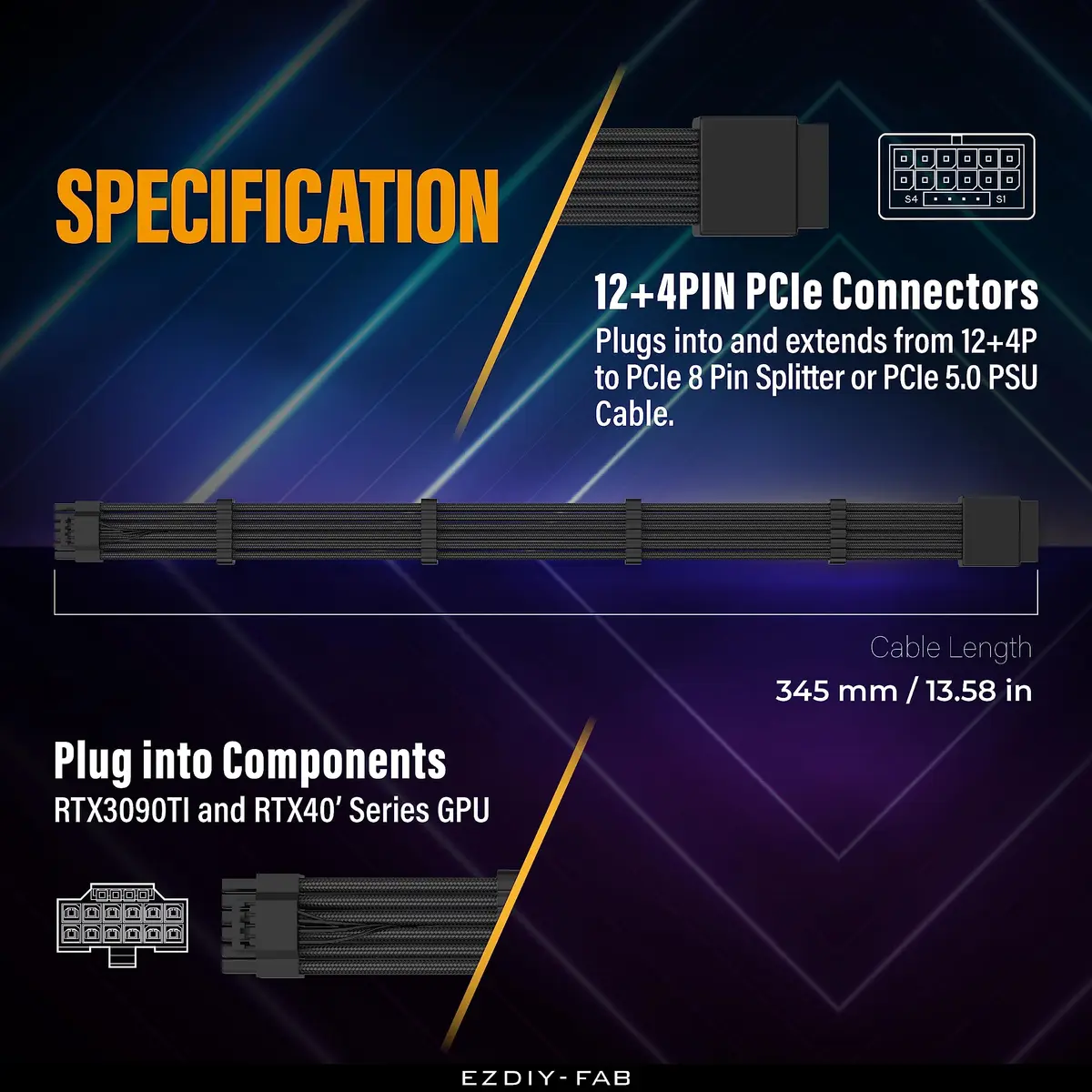 EZDIY-FAB 16pin (12+4) 12VHPWR PCIe 5.0 GPU Power Sleeved Cable Extension | Compatible with RTX 4080, 4090, 5070, 5080 - view 3