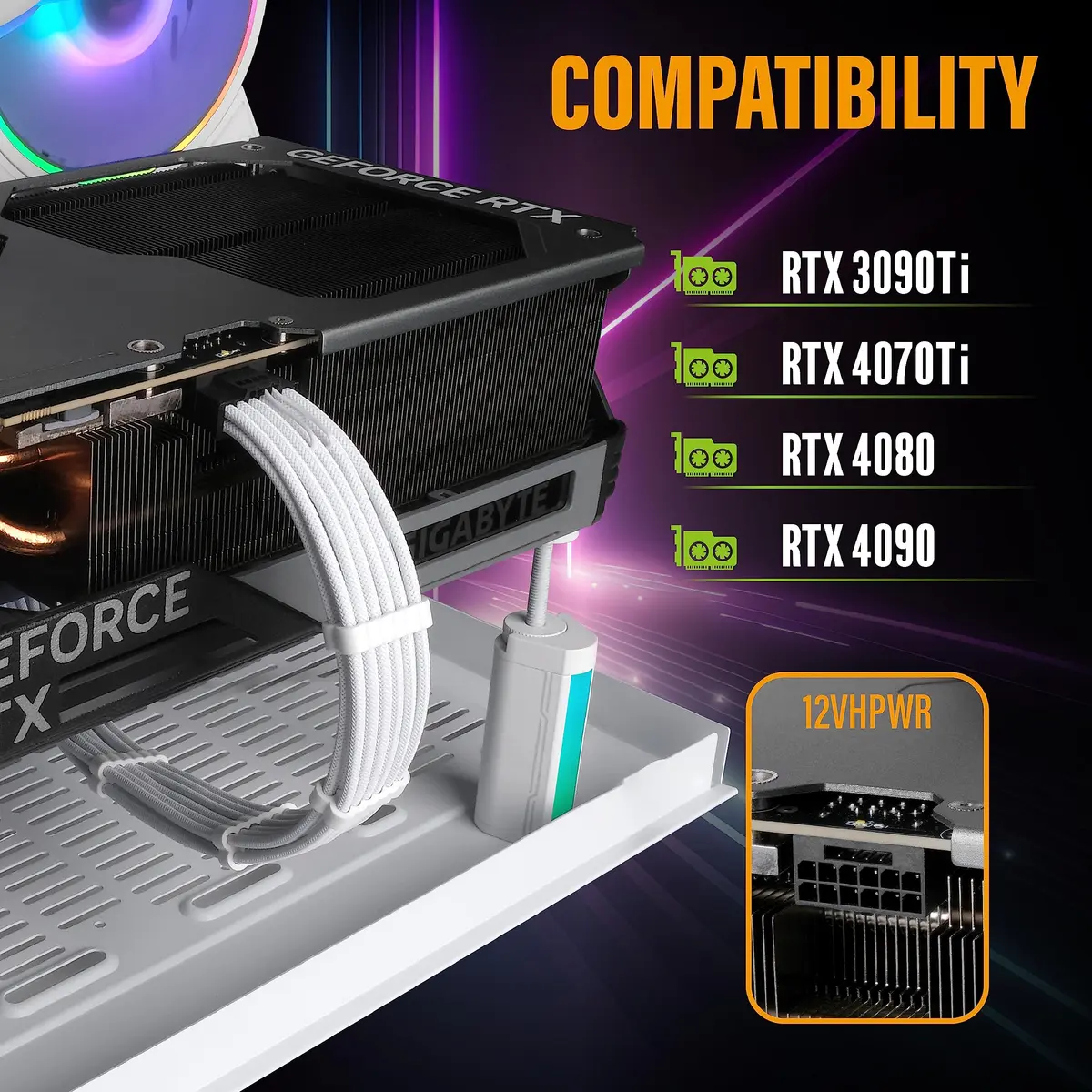 EZDIY-FAB 16pin (12+4) 12VHPWR PCIe 5.0 GPU Power Sleeved Cable Extension, Male to Female, Compatible with RTX 5080, 5070, 4090, 4080, 4070,16AWG with Cable Combs-White - view 6