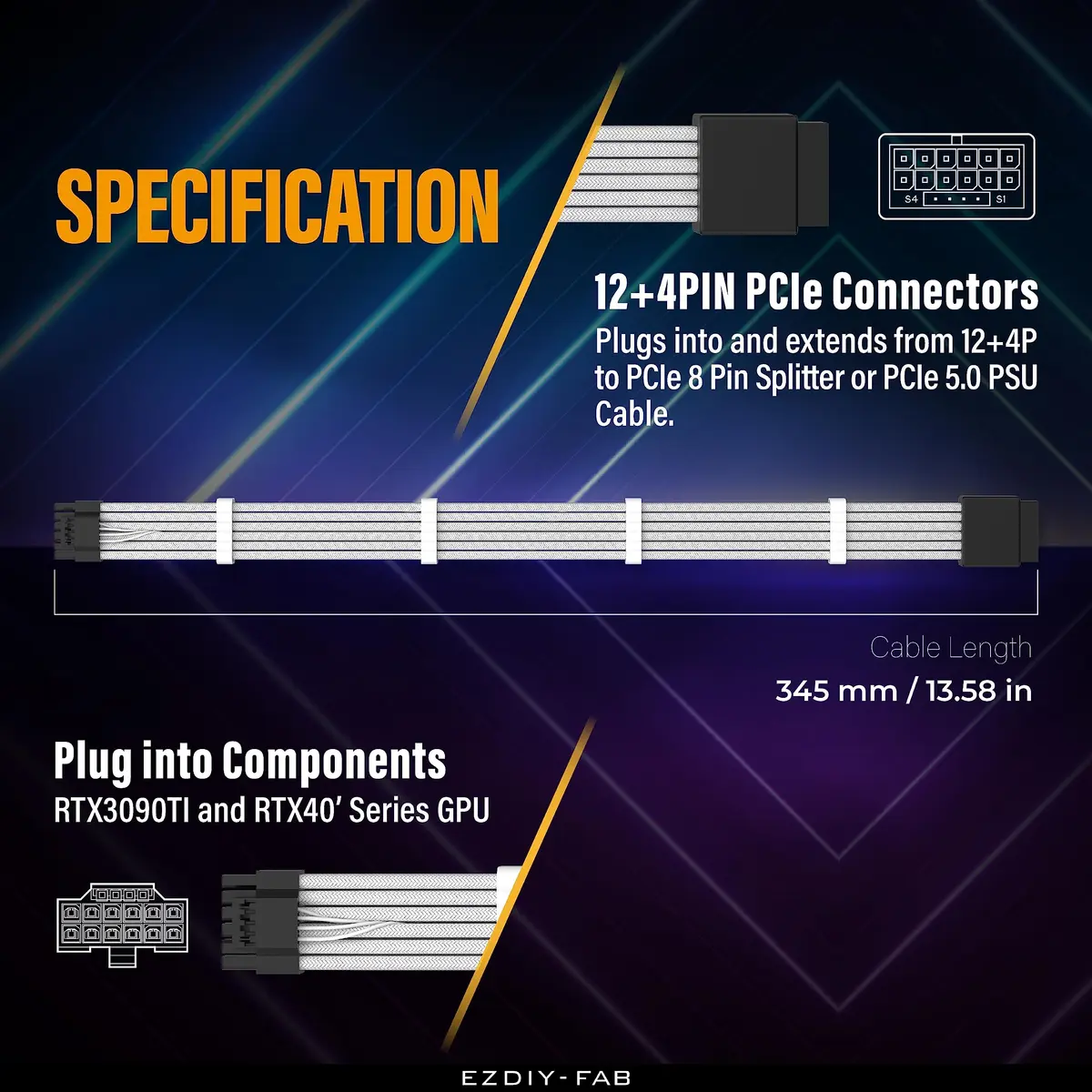 EZDIY-FAB 16pin (12+4) 12VHPWR PCIe 5.0 GPU Power Sleeved Cable Extension, Male to Female, Compatible with RTX 5080, 5070, 4090, 4080, 4070,16AWG with Cable Combs-White - view 3