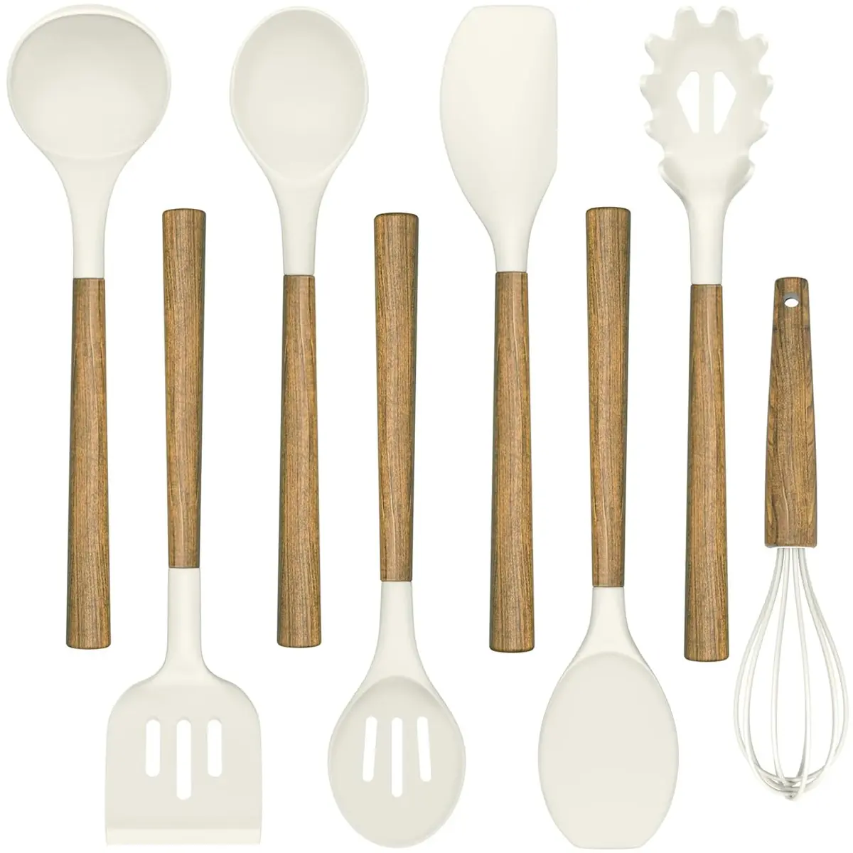 Umite Chef Silicone Kitchen Utensils Set with Acacia Wood Handle, 8-Piece Set, White | Heat Resistant Up to 446°F - main product image