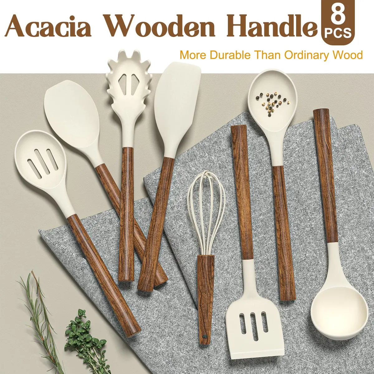 Umite Chef Silicone Kitchen Utensils Set with Acacia Wood Handle, 8-Piece Set, White | Heat Resistant Up to 446°F - view 5