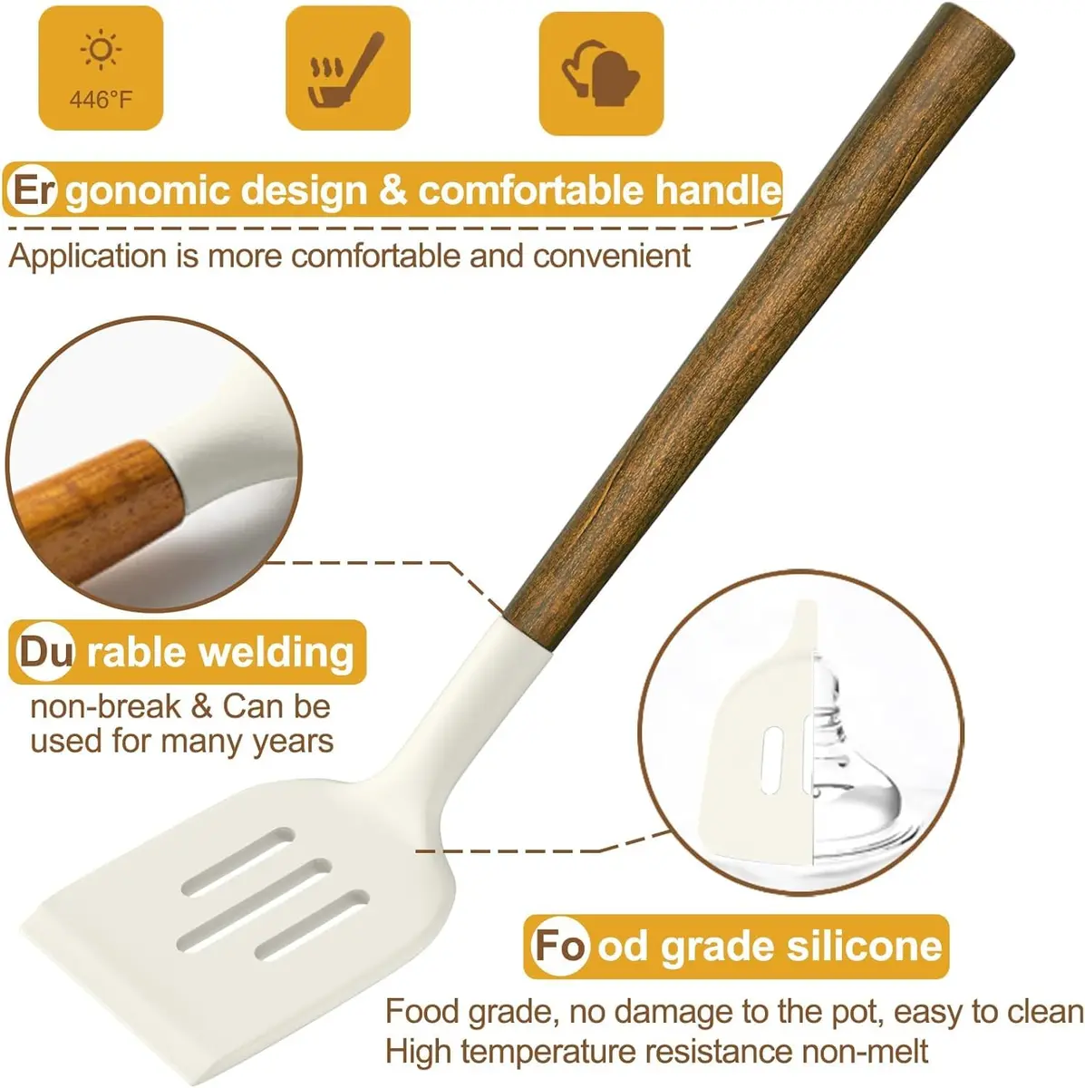 Umite Chef Silicone Kitchen Utensils Set with Acacia Wood Handle, 8-Piece Set, White | Heat Resistant Up to 446°F - view 6