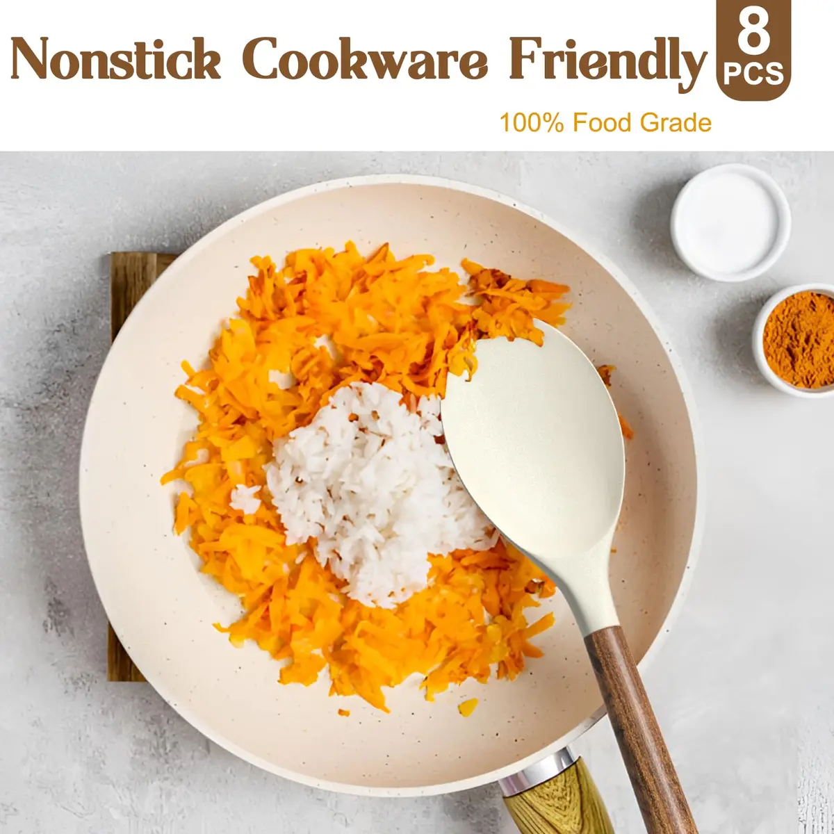 Umite Chef Silicone Kitchen Utensils Set with Acacia Wood Handle, 8-Piece Set, White | Heat Resistant Up to 446°F - view 4