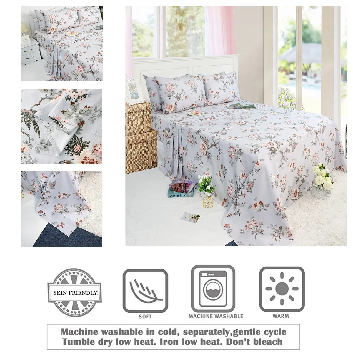 FADFAY Sheets Set Twin XL Elegant Floral Bedding 100% Cotton | Vintage Farmhouse Style - view 3