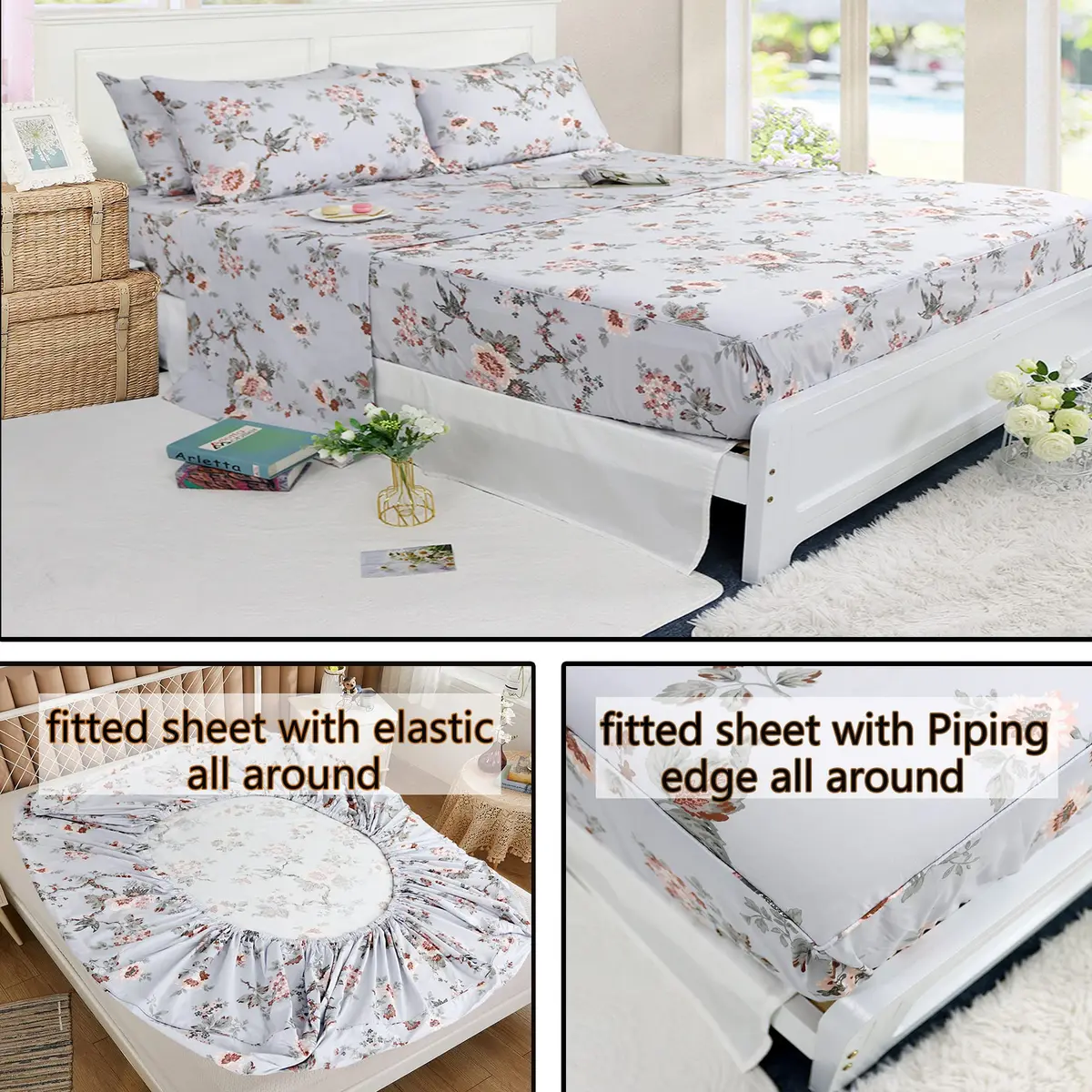 FADFAY Sheets Set Twin XL Elegant Floral Bedding 100% Cotton | Vintage Farmhouse Style - view 4