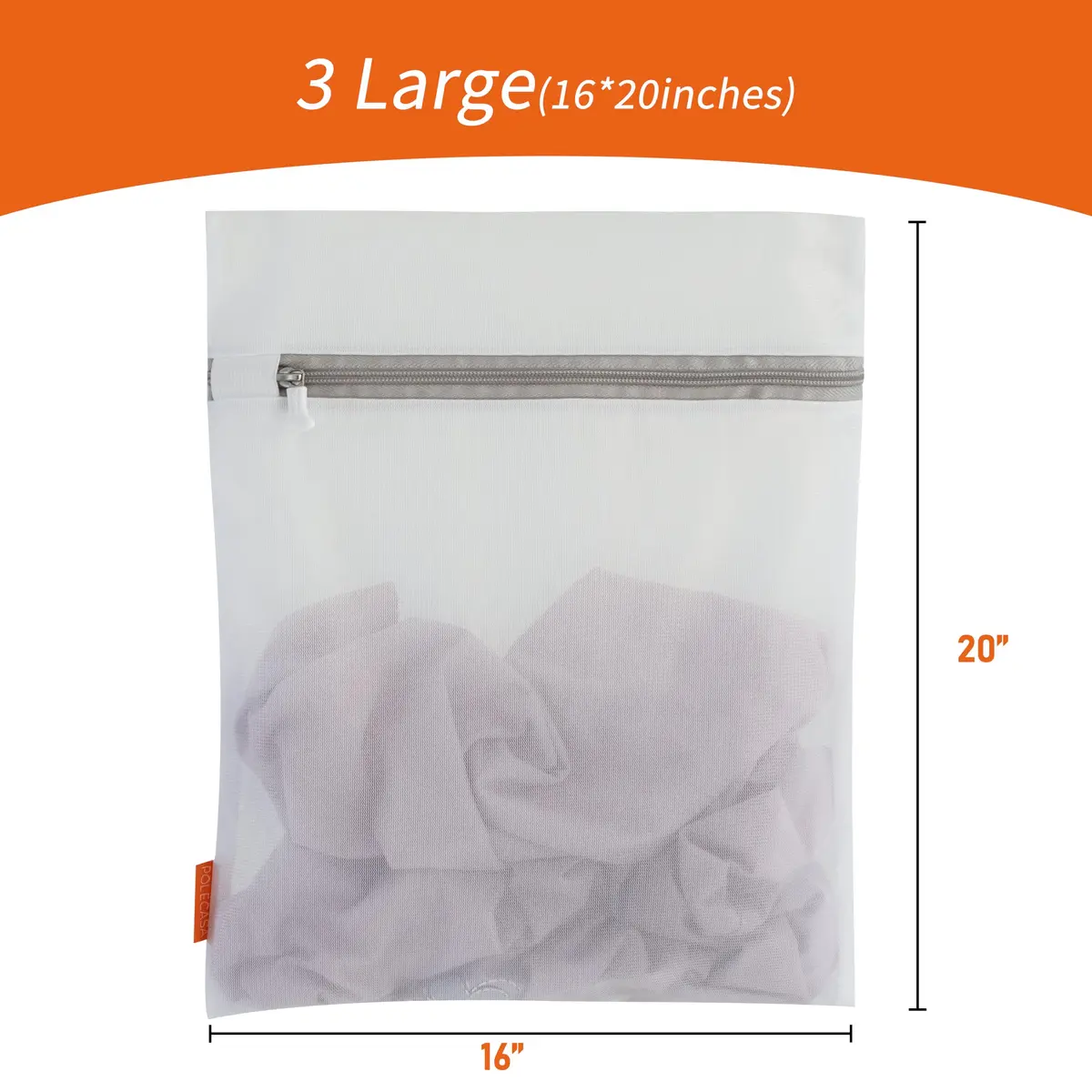 Polecasa Mesh Laundry Bags 3 Pack 40x50cm (16x20") | Protects Delicates, Zippered, Washer & Dryer Safe - view 6