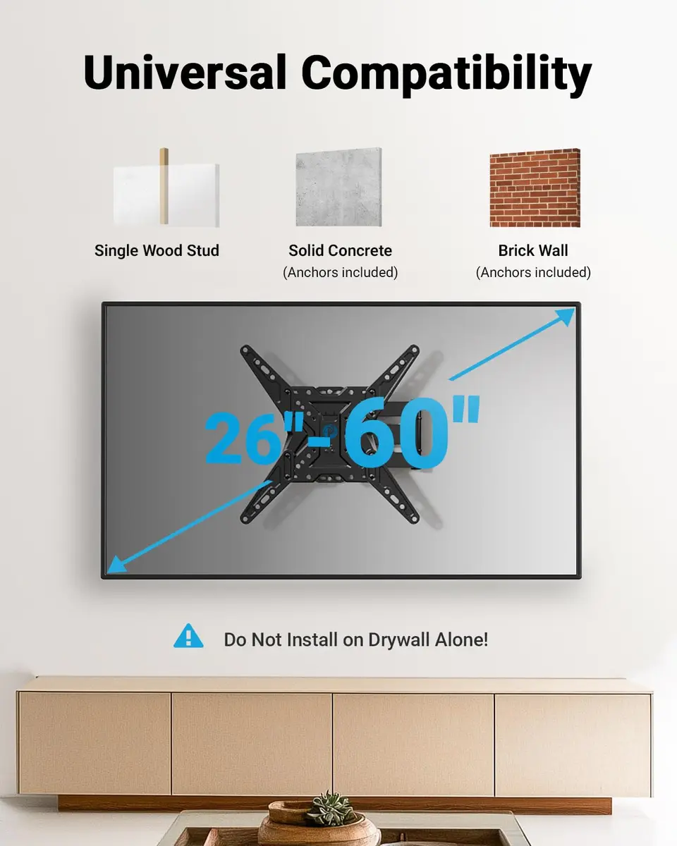 Pipishell Full Motion TV Mount for 26–60 inch TVs up to 77 lbs | Slim, Tilt & Swivel Wall Bracket - view 2