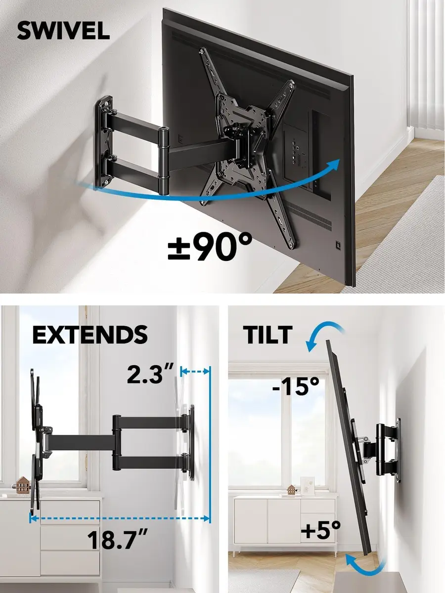 Pipishell Full Motion TV Mount for 26–60 inch TVs up to 77 lbs | Slim, Tilt & Swivel Wall Bracket - view 4