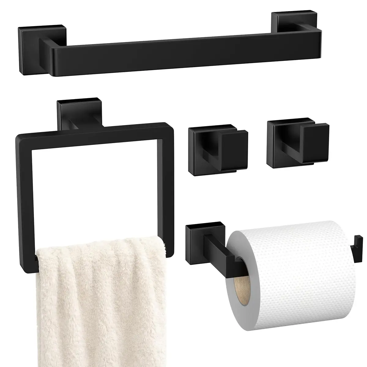 PAHSFS 5-Pieces Bathroom Accessories Set, 16 Inch Matte Black Wall Mounted Towel Bar - main product image