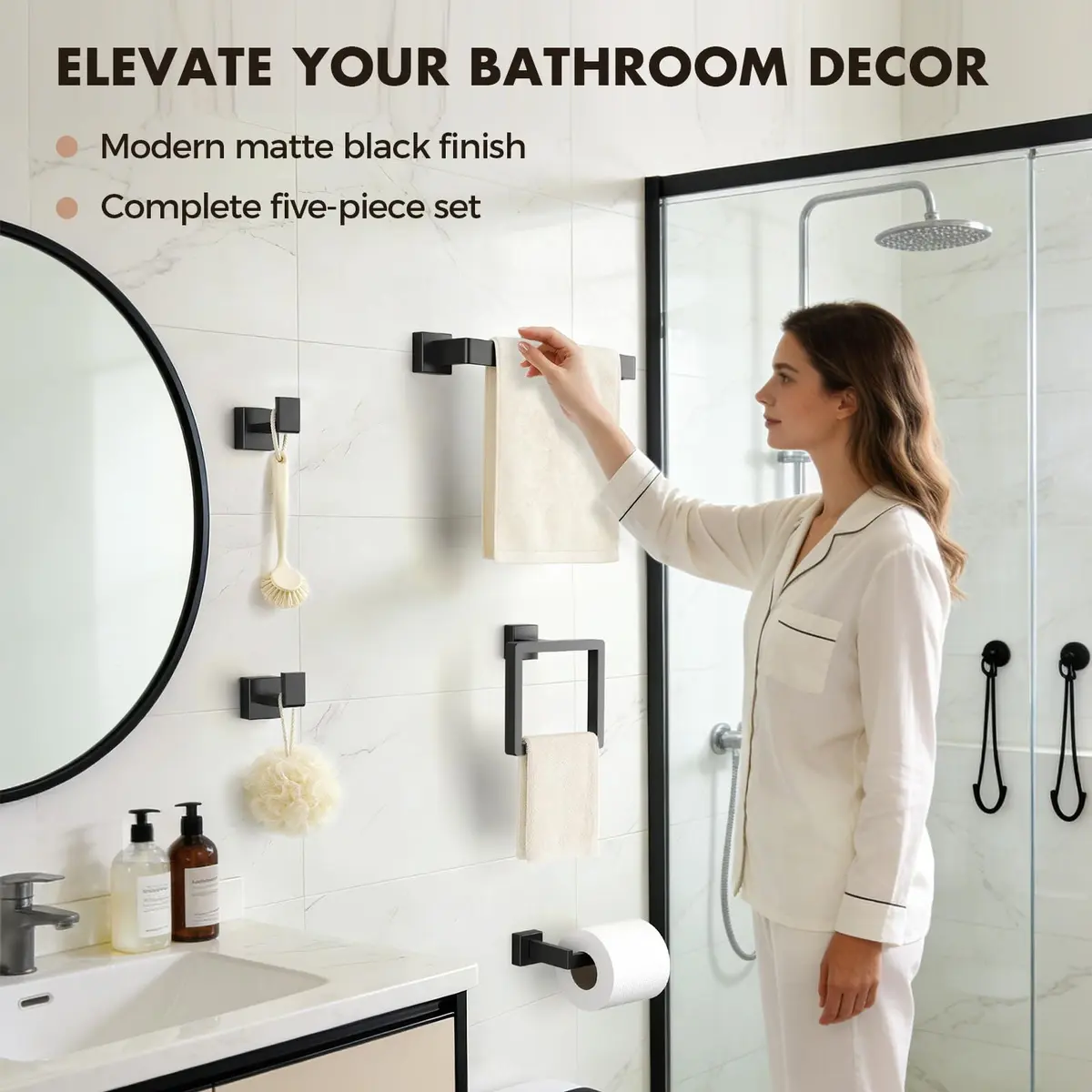 PAHSFS 5-Pieces Bathroom Accessories Set, 16 Inch Matte Black Wall Mounted Towel Bar - view 6