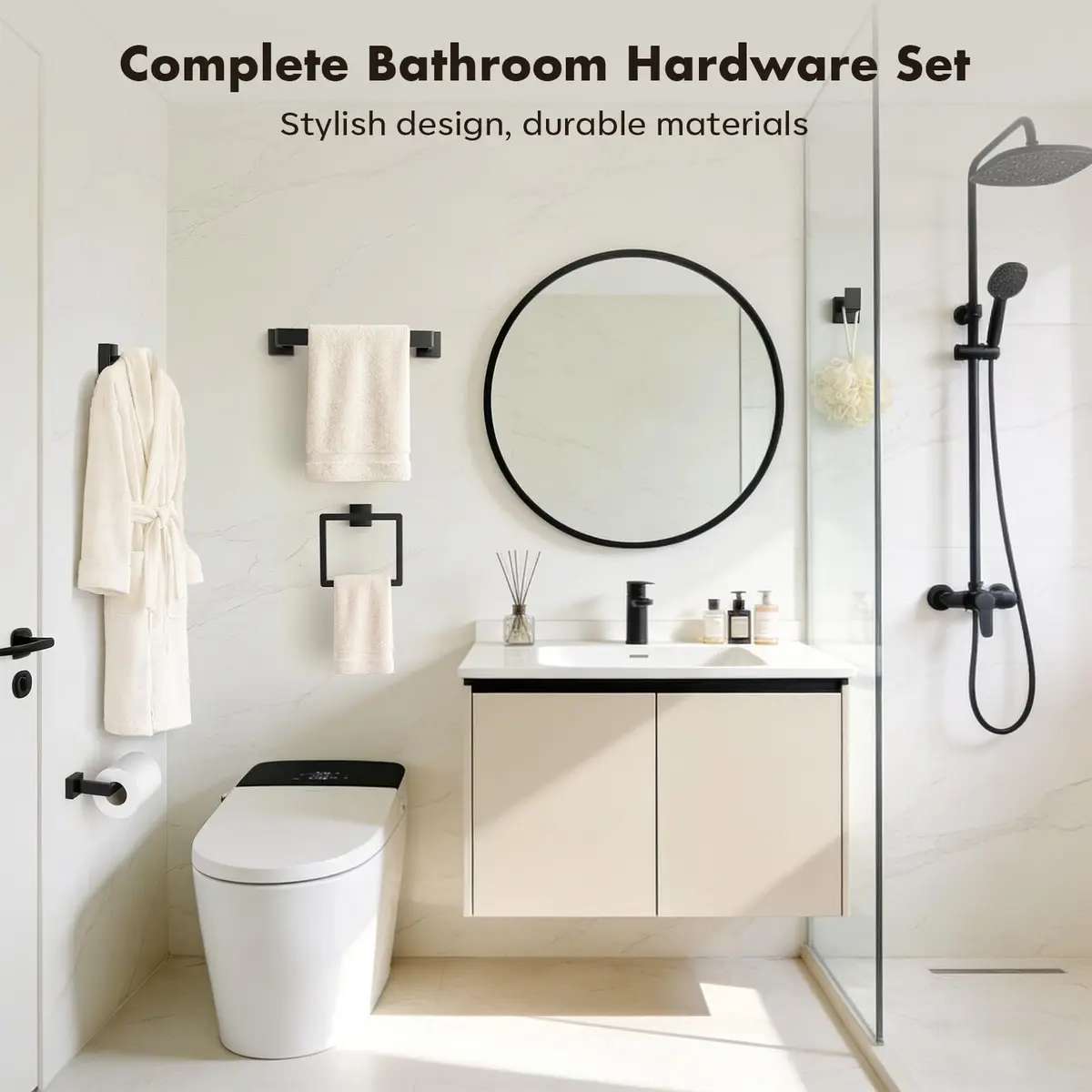 PAHSFS 5-Pieces Bathroom Accessories Set, 16 Inch Matte Black Wall Mounted Towel Bar - view 7