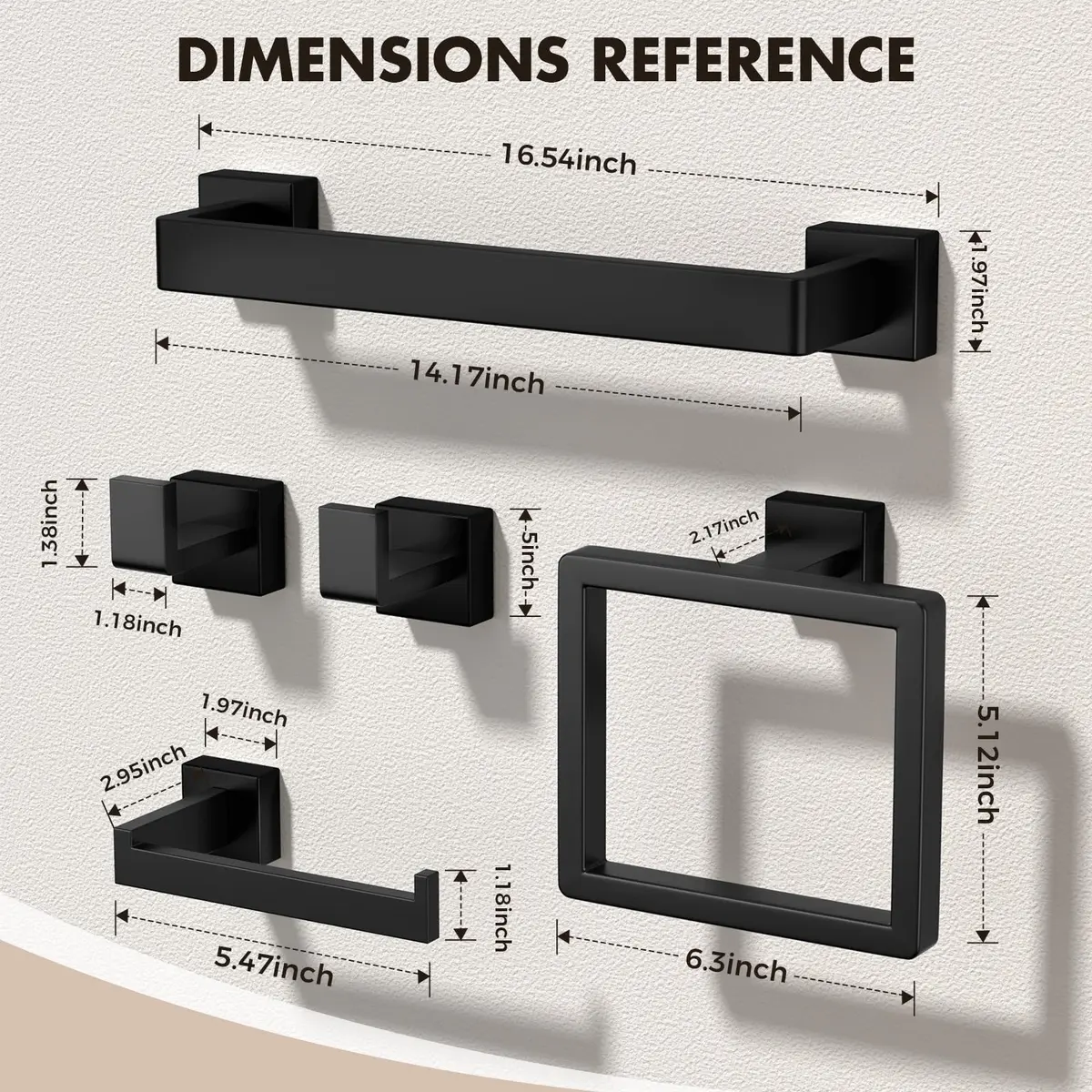 PAHSFS 5-Pieces Bathroom Accessories Set, 16 Inch Matte Black Wall Mounted Towel Bar - view 8